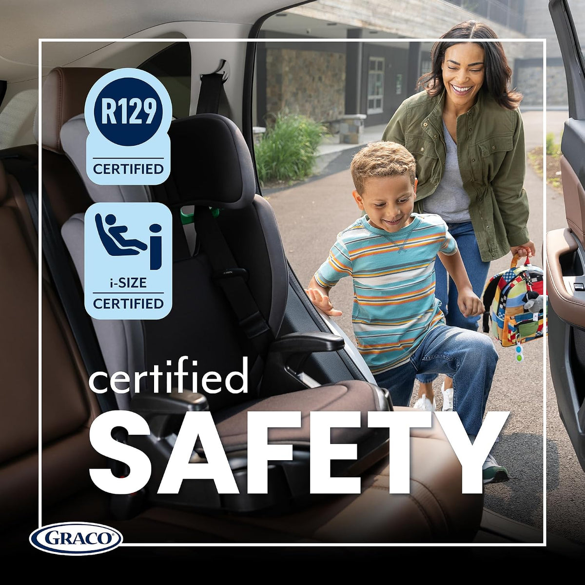 Graco Junior Maxi i-Size R129 Highback Booster car seat with cupholders, Suitable from 100-150cm (approx. 3.5 to 12 years), Midnight fashion