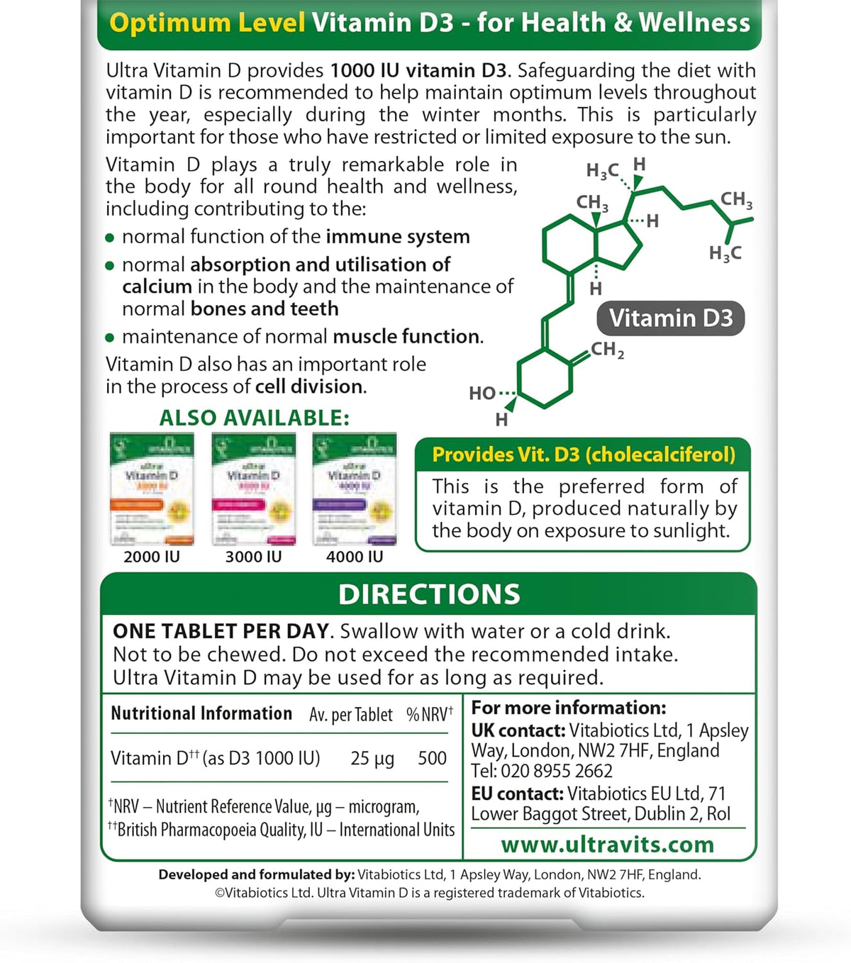 Vitabiotics Ultra Vitamin D3 1000IU, Vitamin D3 Tablets, 96 Tablets