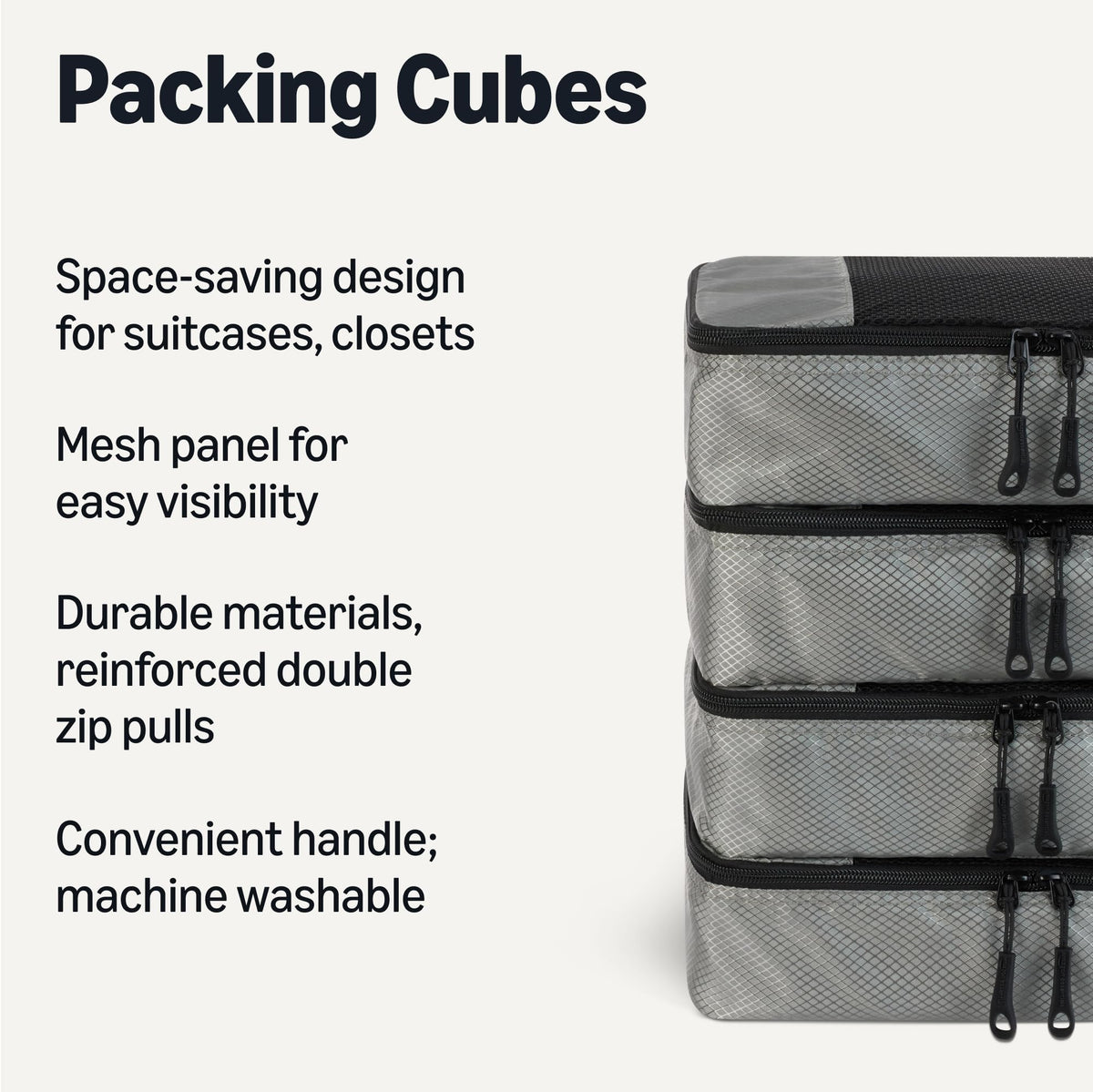 Amazon Essentials 4-Piece Packing Cubes Travel Accessories Set, Luggage Organiser with Double Zip, Mesh Top, 100% Polyester, Medium, Black (Previously Amazon Basics)