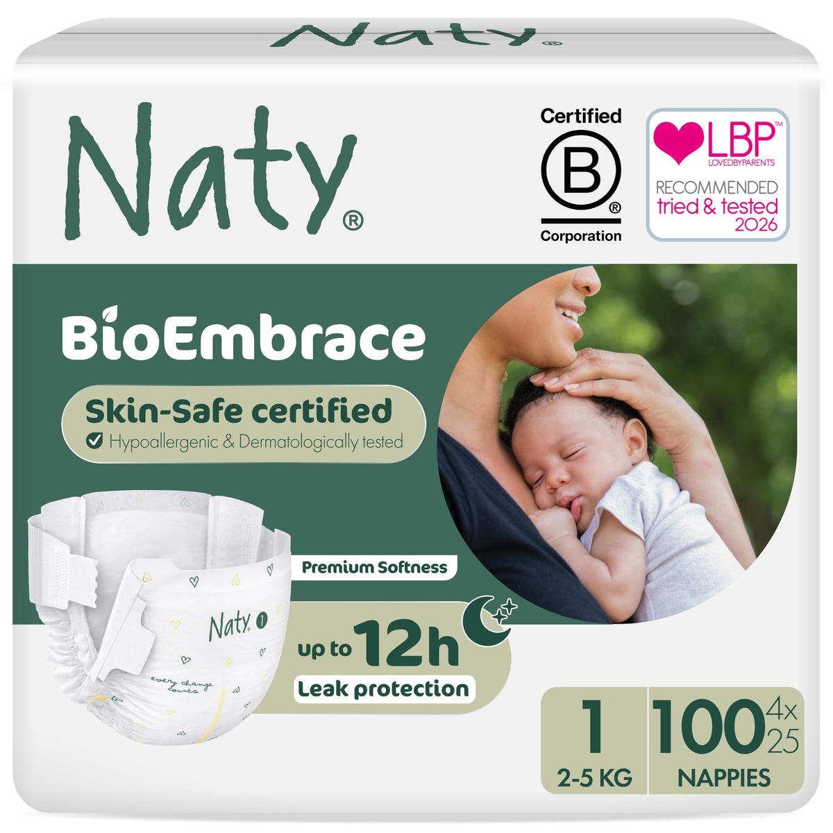 Naty BioEmbrace Newborn Nappies, Sensitive Skin, Size 2 (3–6kg), 33 Count