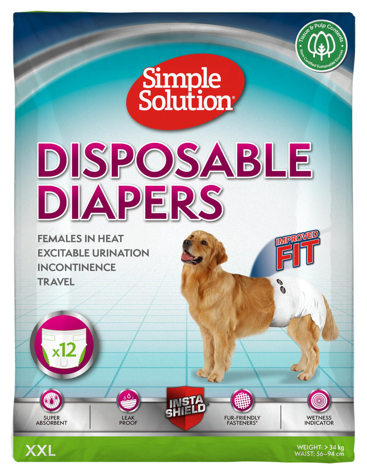 Simple Solution Disposable Dog Diapers for Female Dogs, Super Absorbent Leak-Proof Fit with Wetness Indicator for Excitable Urination, Incontinence or Females in Heat - 12 Pack