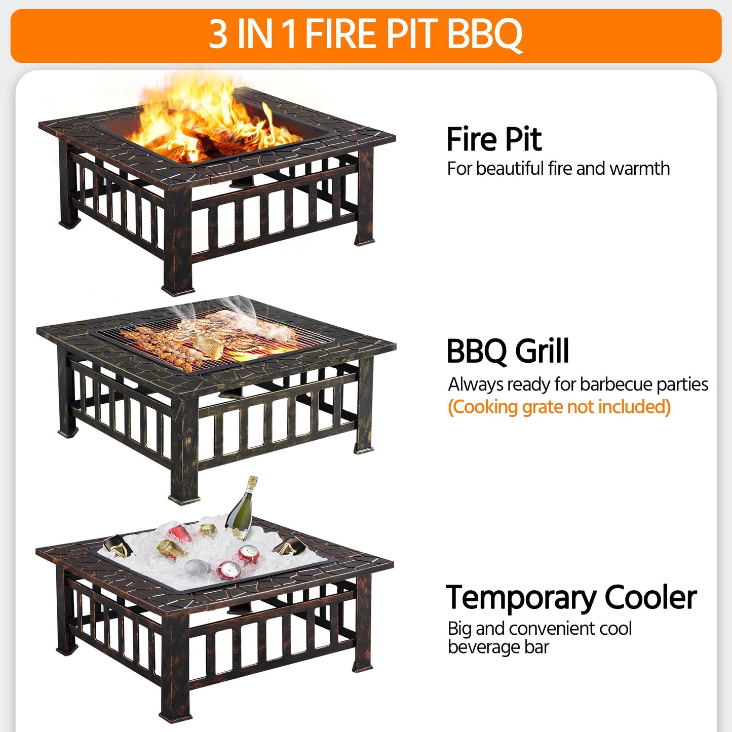 Yaheetech Outdoor Fire Pit 81cm Square Fire pits 3-in-1 Heat-resistant Metal Garden Stove for Barbecue, Heating, Cooling Drinks with Cover & Poker, Black