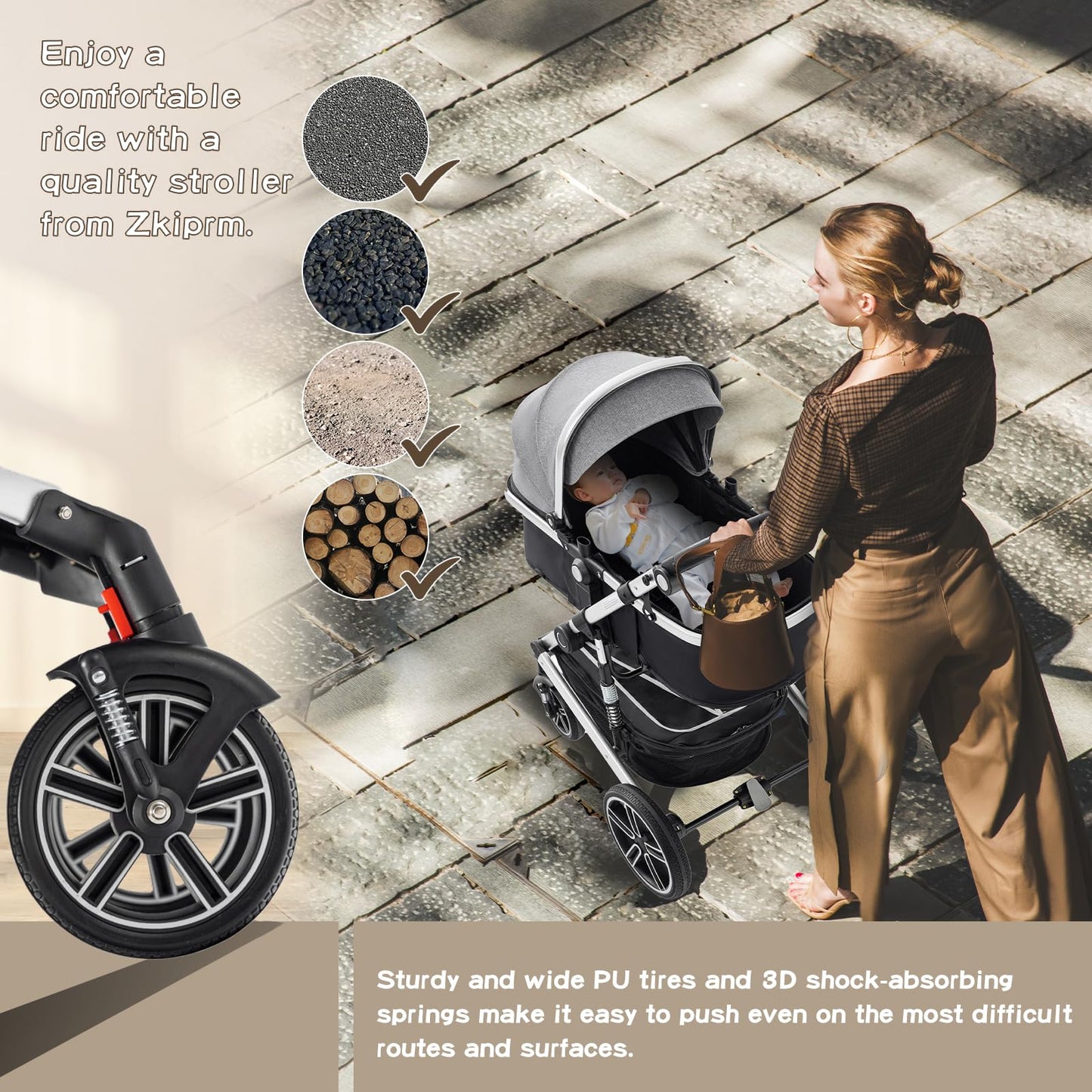 Zkipm Baby Pram 3 in 1, Foldable Baby Stroller,Pram Set Travel with Adjustable-Height Push Handle, Present Rain Cover, Mosquito Net, Bag, Cooling Mat, ect for Ages 0–3