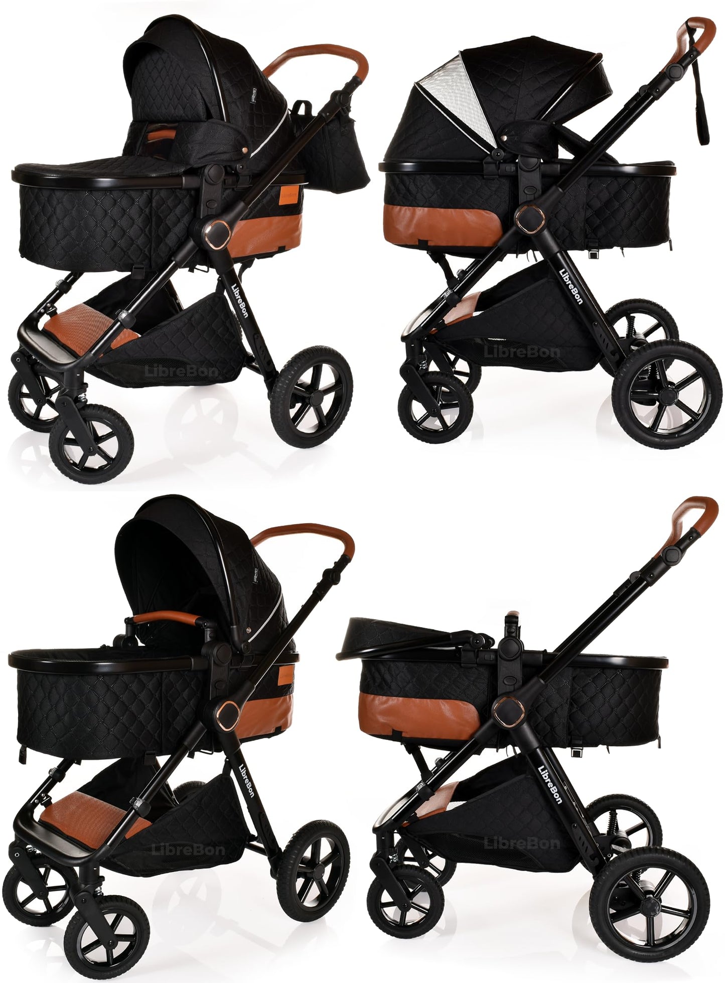 Baby Buggy Pram Pushchair Stroller 3 in 1 Child Lightweight Folding Stroller 3 in 1 Travel System Pram for Newborns & Toddlers from Birth Aluminum (Beige - Rose Gold Frame)