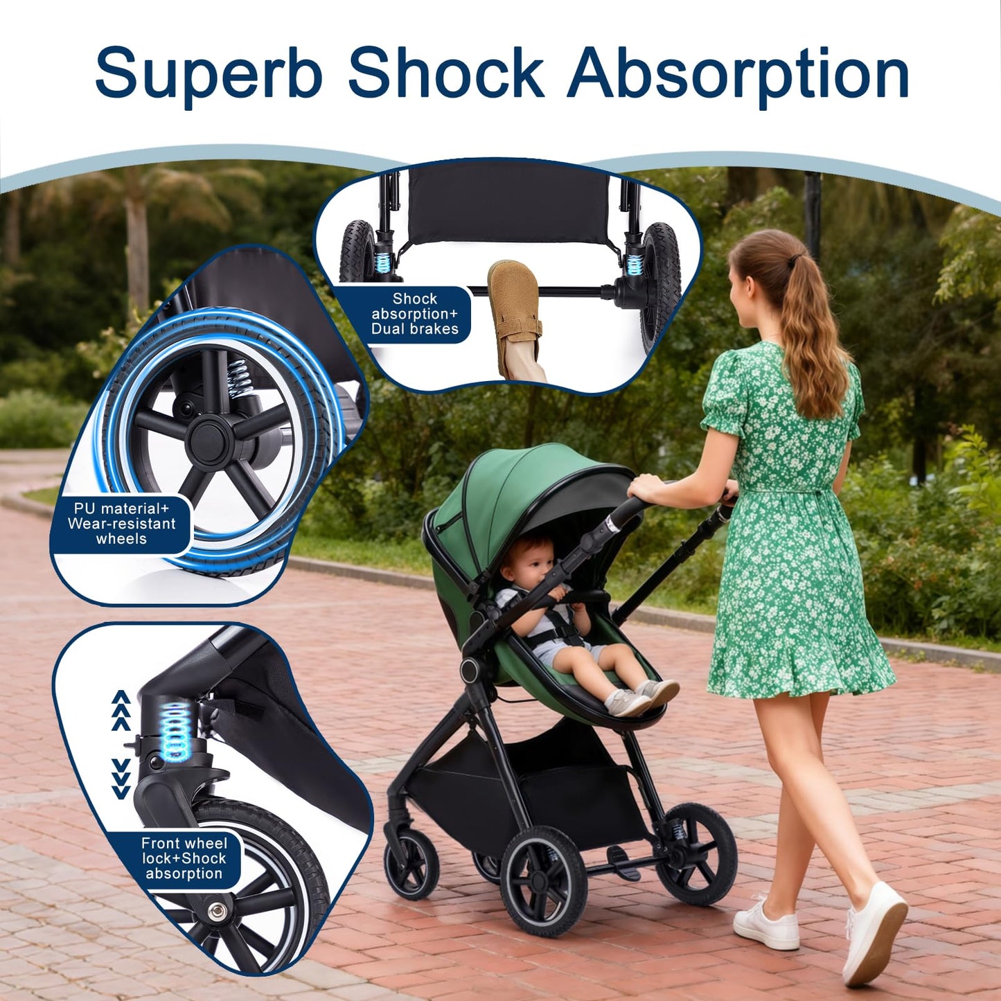 Baby Stroller 3 in 1,Travel Pushchair's Lie-Flat Pram is Foldable, Stroller System Handle is Adjustable, The Wheels are Made of PU Material, Suitable for 0-3 Years-Khaki