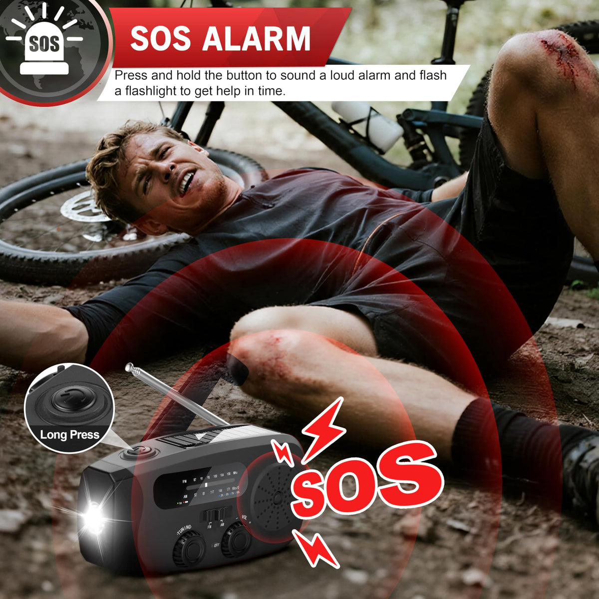Wind Up Solar Radio, 7400mWh (2000mAh) Solar Powered Radio Emergency Hand Crank Radio with 3 Built-in Cables, Battery Operated, SOS Alarm & Flashlight, Emergency wind up torch for Hurricane, Emergency