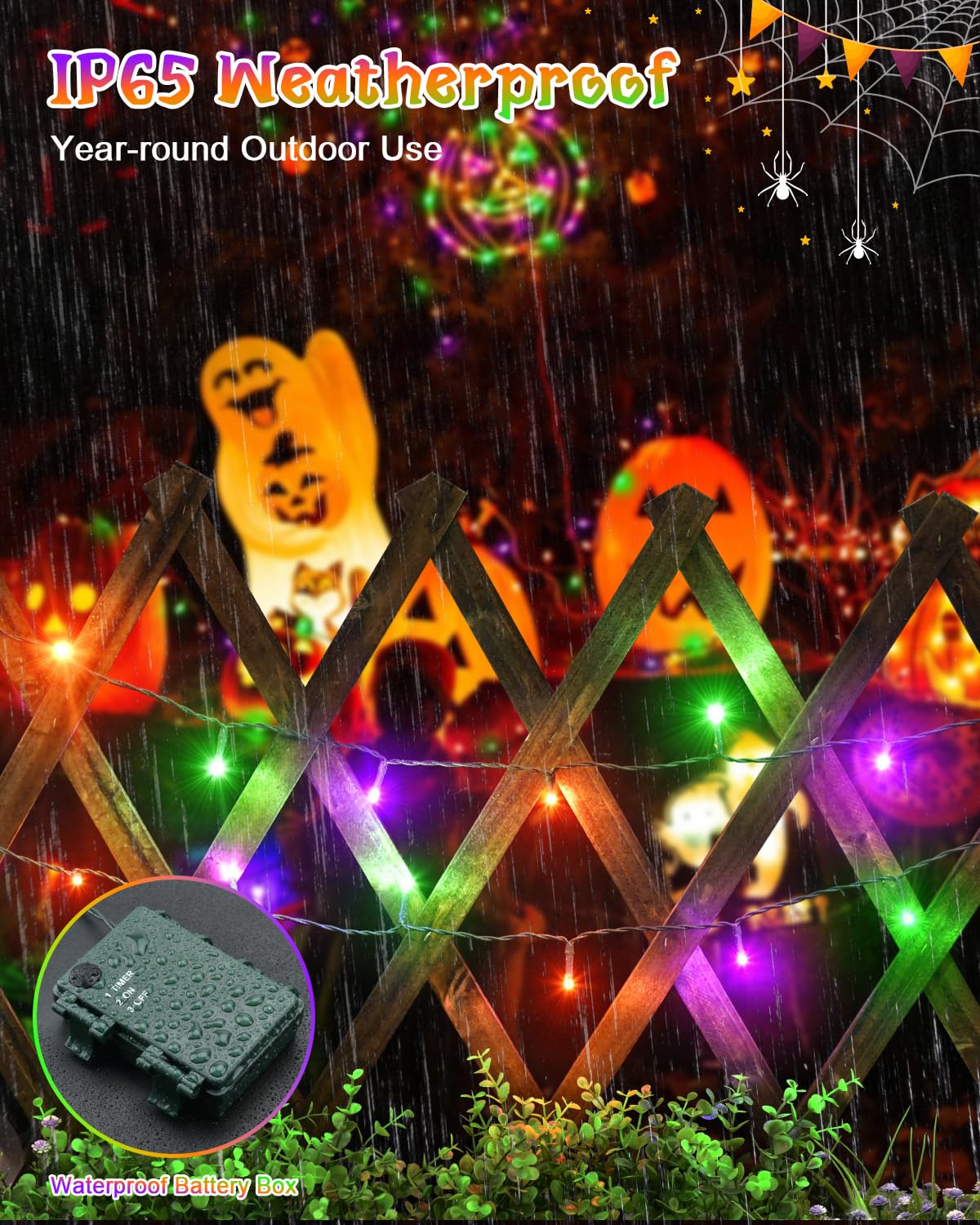 Dalugo Halloween Decoration Lights, 5M 50 LED Orange Purple White Fairy Lights with Timer, IP65 Waterproof Battery Powered Lights for Indoor Outdoor Autumn Halloween Decorations(Green Wire)
