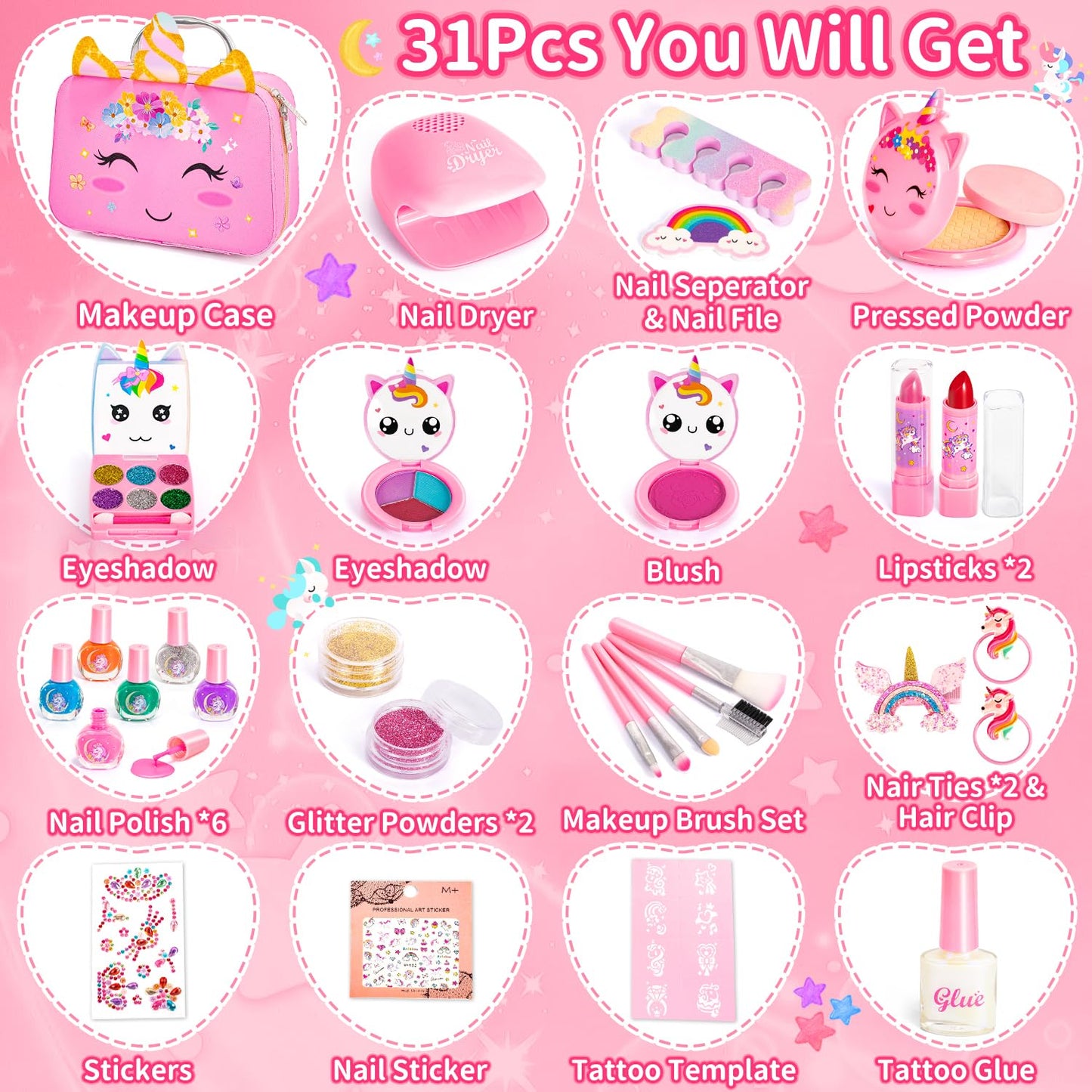 Hohosunlar Girls Makeup Set Kids Toys - Washable Non-toxic Kids Make Up w/ Nail Polish Dryer, Princess Accessories Nail Varnish Set, Christmas Birthday Gift Toys for Girls 3 4 5 6 7 8-12 Years Old