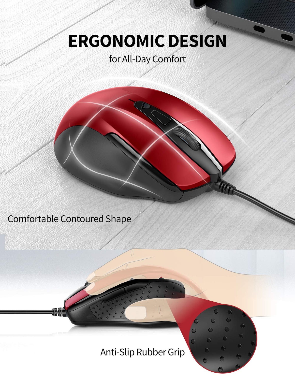 TECKNET USB Wired Mouse, 6400 DPI Mice 4 Adjustable DPI with 6-Button Corded, Optical Computer Mouse with Ergonomic Design for Laptop, Chromebook, PC, Desktop, Mac, Notebook