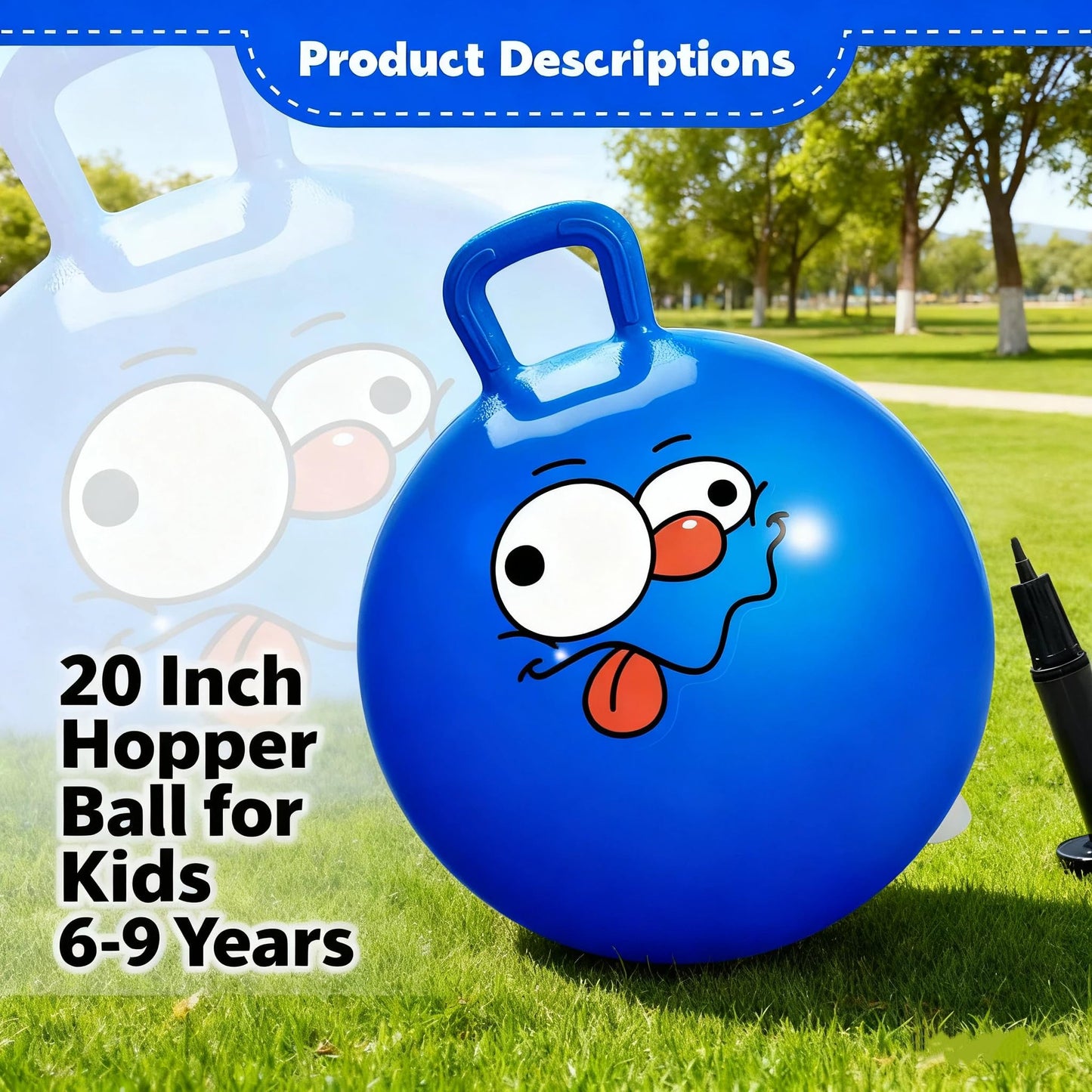 Vastoy 20 Inch Space Hopper Ball for Kids 6-9 Years - Anti-Slip Space Hopper with Hand Pump, Bouncy Inflatable Ride On Toy for Indoor Outdoor Fun, for Children (Blue Eyes)