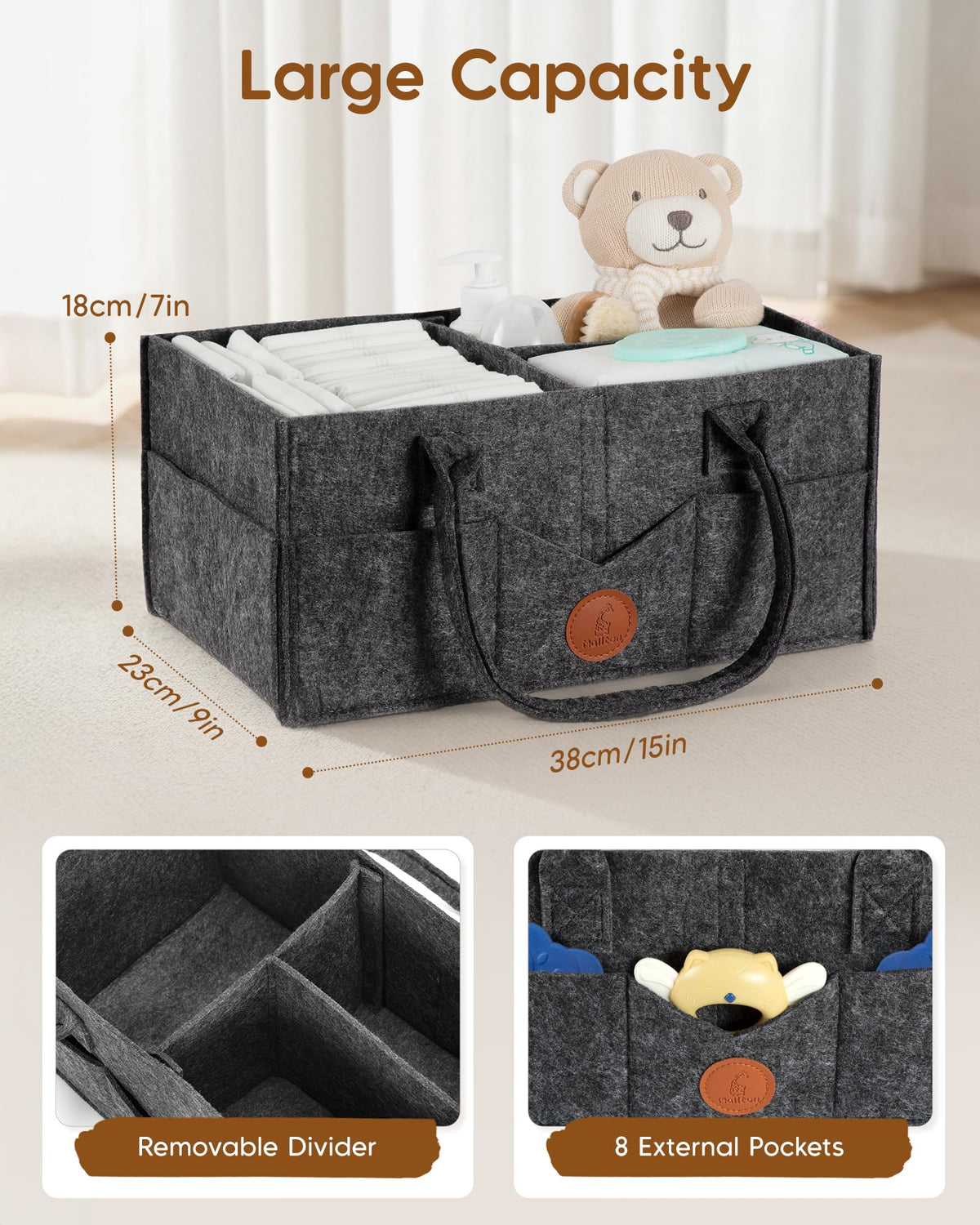 Maliton Nappy Caddy Organiser with 8 Pockets & Removable Dividers (Khaki)