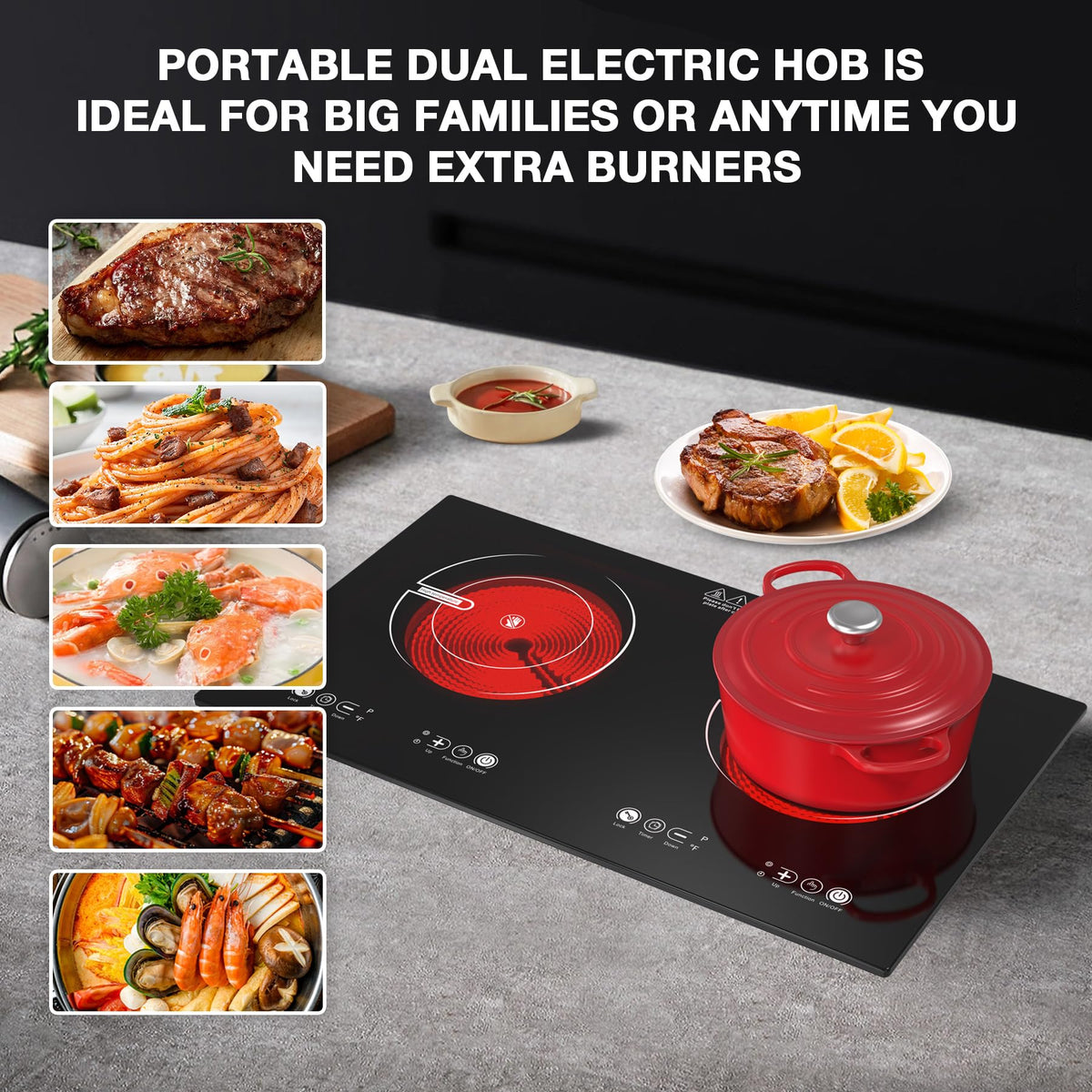 VBGK Portable Ceramic Hob, 2000W Portable Electric Hob, Electric Ceramic Hob, Single Cooking Zone with LED Display, 4-Hours Timer, Safety Lock, Residual Heat Indicator