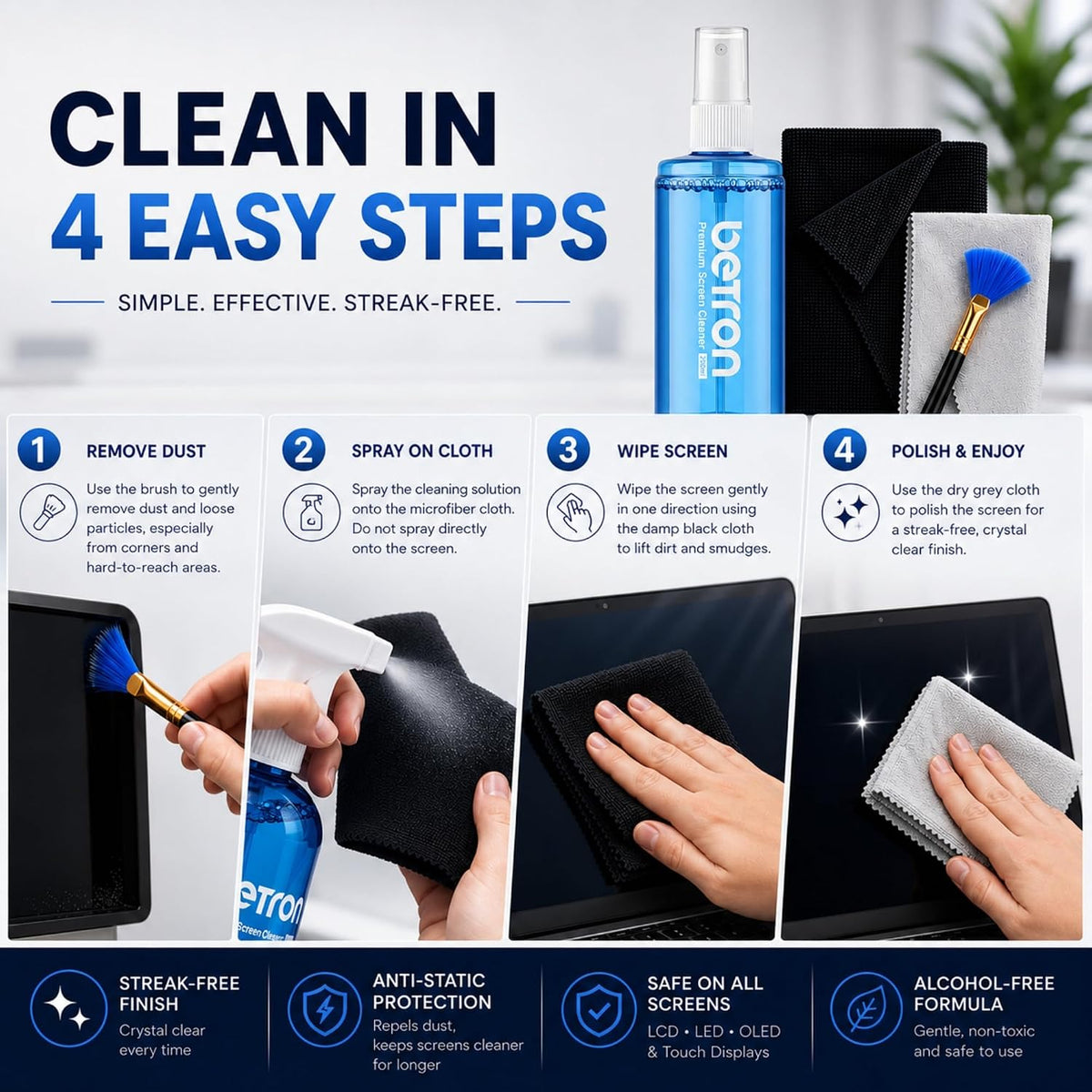 Betron Screen Cleaner Spray Kit with Cloth for TV, Laptop, Monitor, 200ml