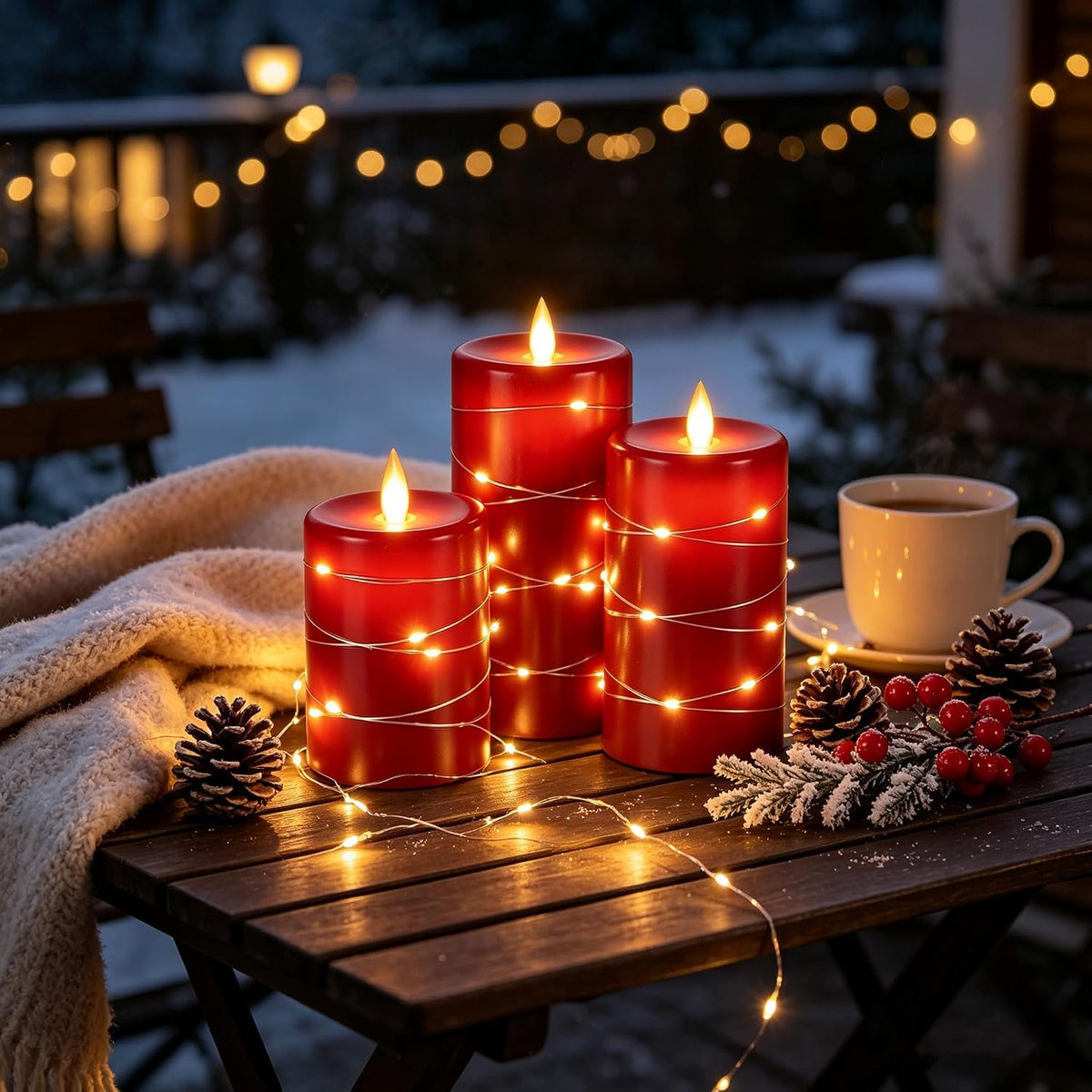 Da by 3 Pack Ivory Flameless LED Candles with Fairy Lights, Realistic Moving Flame Paraffin Wax Candles, Remote Control, Soft Warm Light, 8cm D x 12.5/14.5/16.5cm H, Indoor Wedding Home Decor