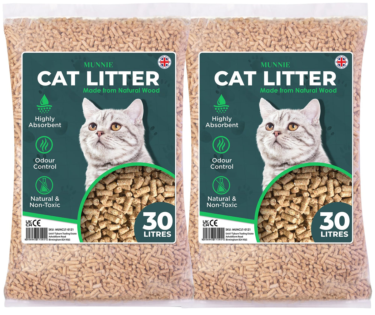 Munnie Cat Litter 30L – Biodegradable, Dust-Free, Unscented, Ultra-Absorbent Wood Pellets for Cats & Kittens, Natural Cat-Litter for Housetraining, Non-Clumping, Litter Granules, Pet-Safe
