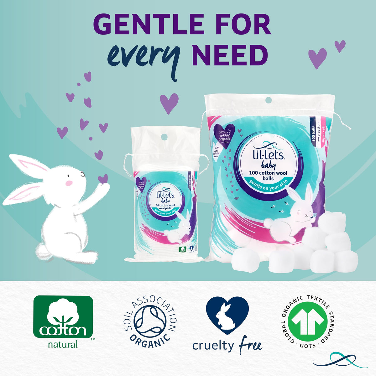 Lil-Lets Baby Cotton Wool Oval Pads, Certified Organic, 100% Pure Cotton Wool, Soft and Absorbent, Gentle on Baby's Delicate Skin, Dermatologically Tested, Ideal for Newborns, Pack of 50 Oval Pads