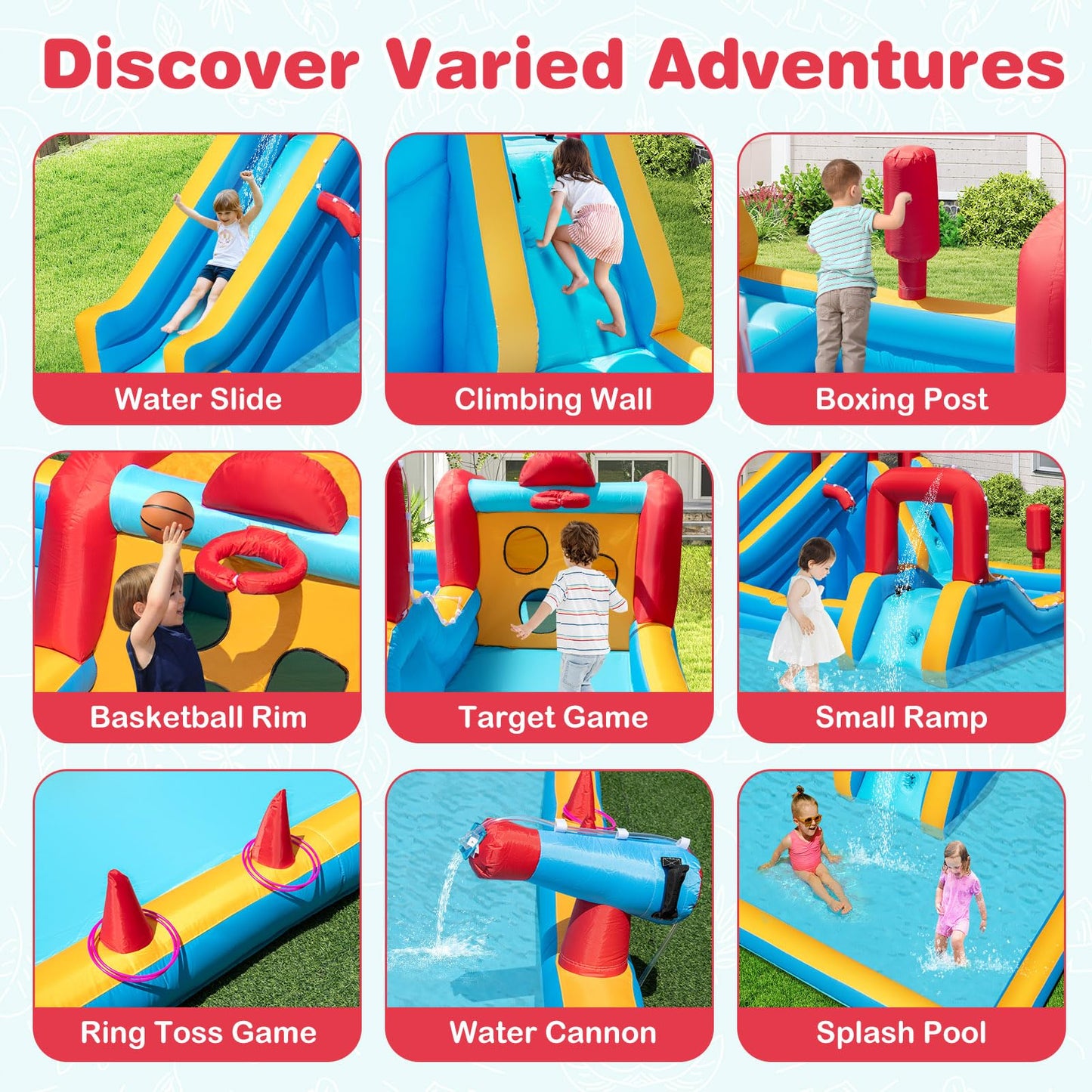 COSTWAY Inflatable Water Park, 9 in 1 Giant Kids Bouncy Castle with Double Slides, Climbing Wall, Splash Pools, Water Cannon, Outdoor Blow Up Bounce House for 3-12 Years Old (without blower)