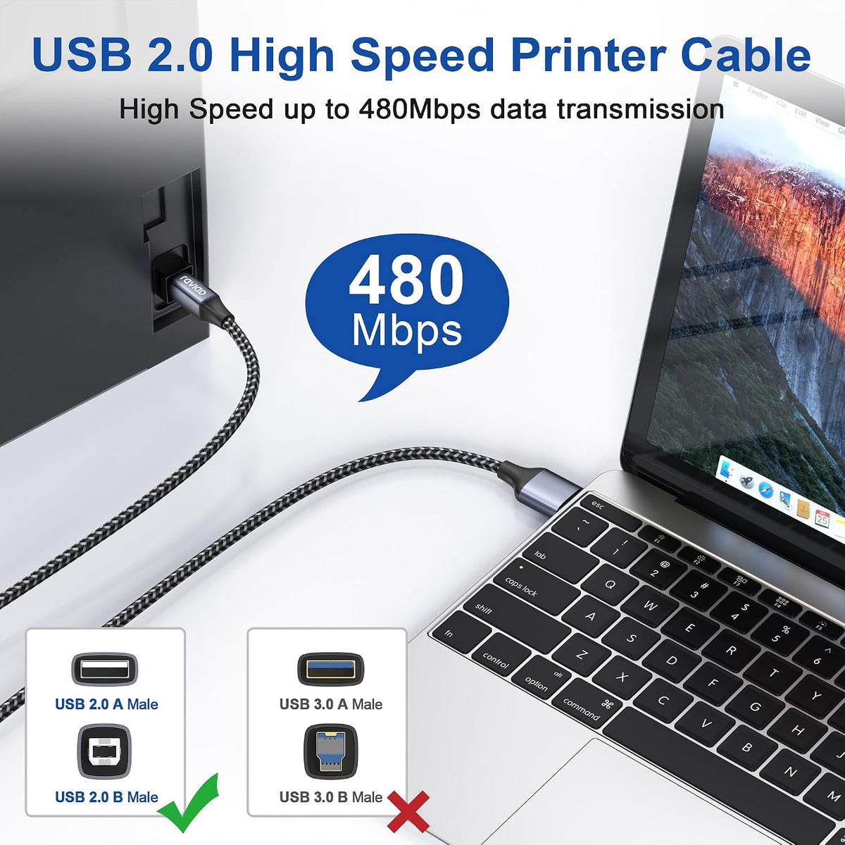 RAVIAD USB Printer Cable 2M, USB 2.0 Type A Male to B Male Nylon Braided