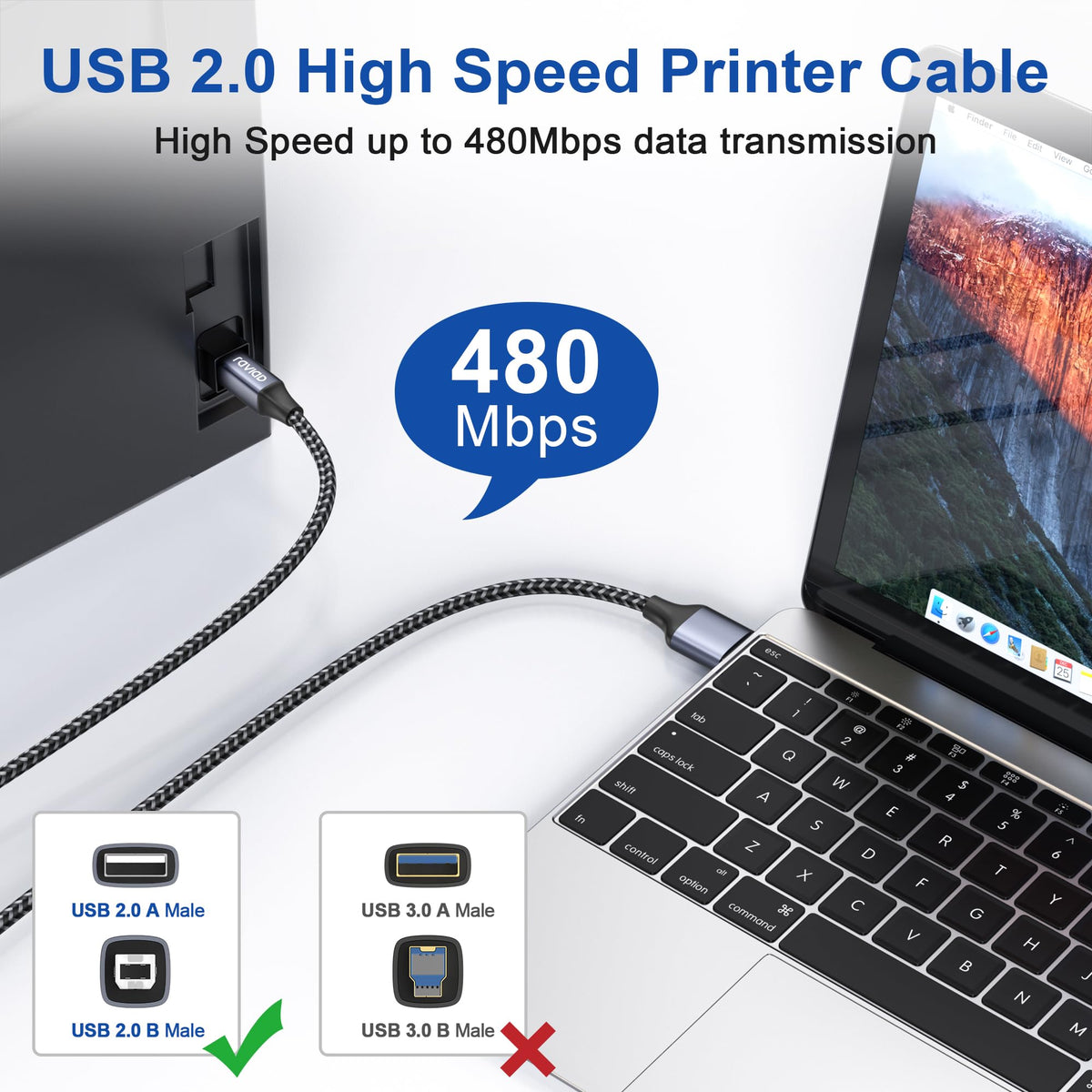 RAVIAD USB Printer Cable 2M, USB 2.0 Type A Male to B Male Nylon Braided