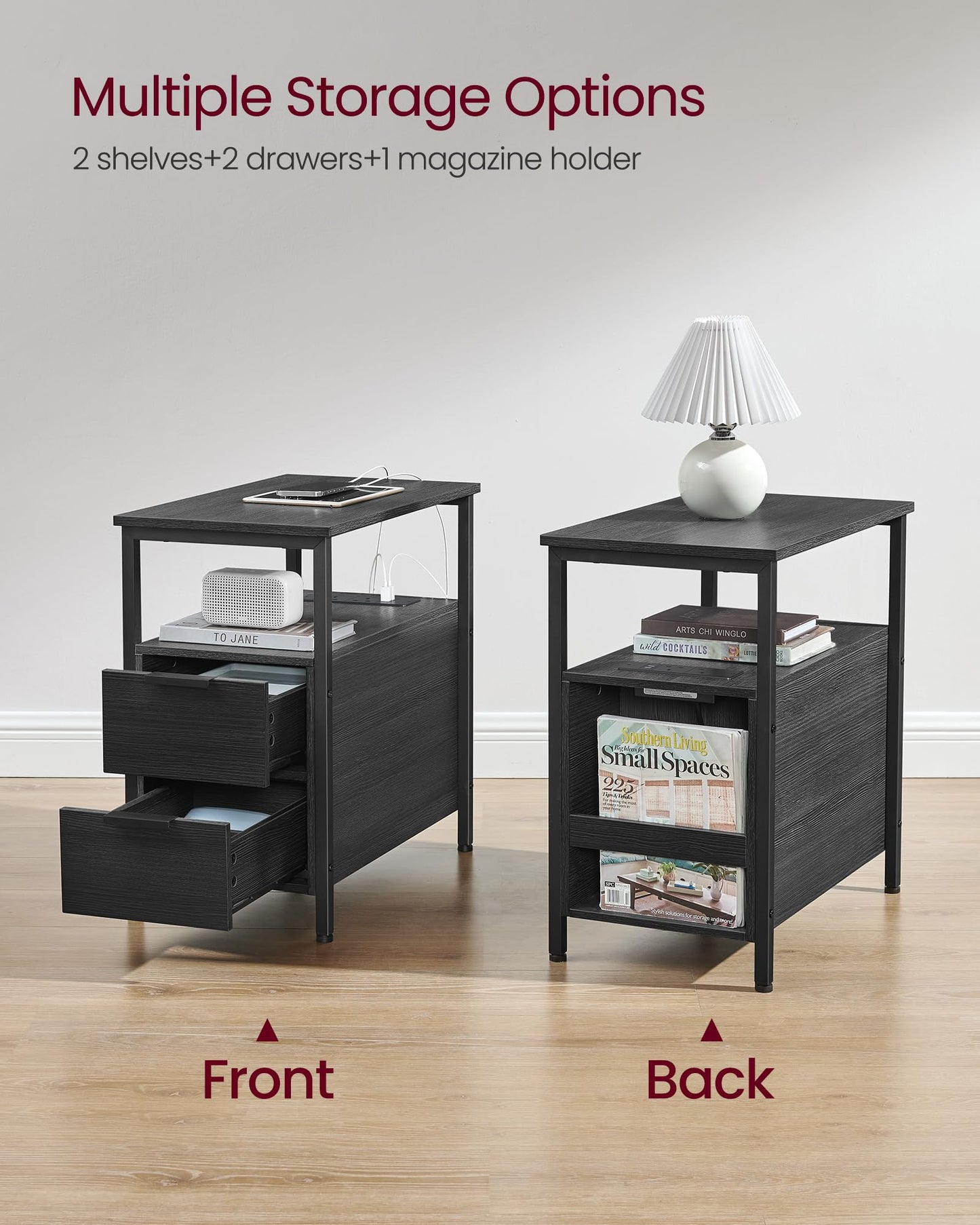 VASAGLE Slim Side Table with Charging Station, Narrow End Table with 2 Drawers, Bedside Table with Storage, for Living Room, Bedroom, Rustic Brown and Classic Black LET326B01