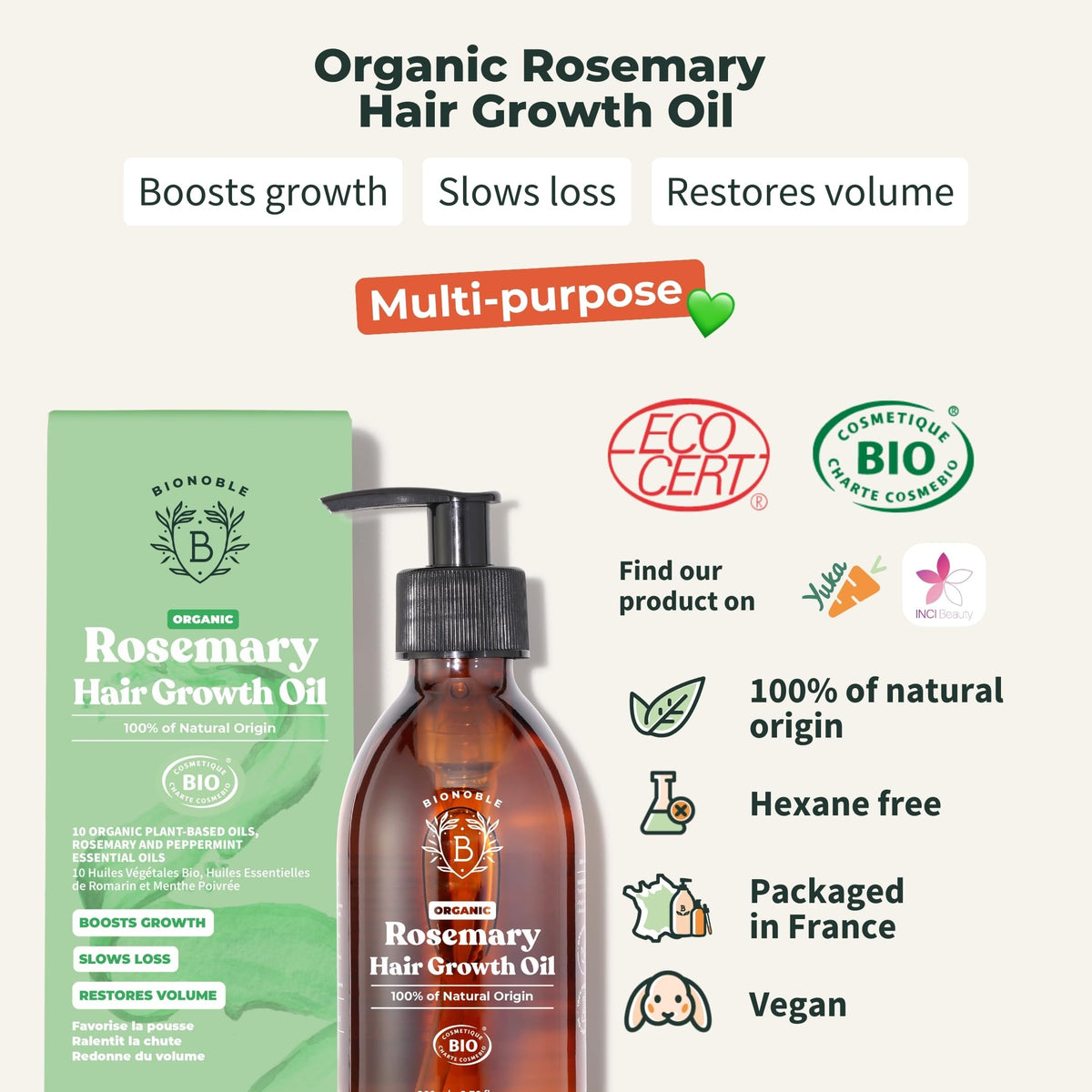 BIONOBLE Organic Rosemary Oil for Hair Growth - Hair Loss, Volume - 50ml