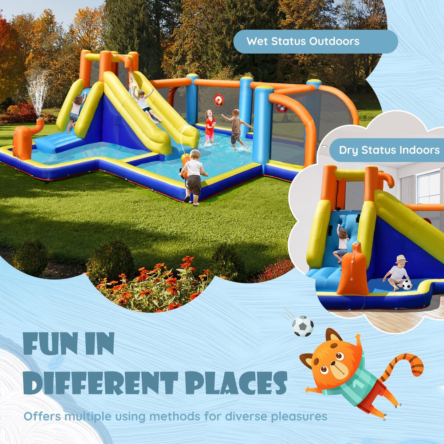 COSTWAY 5-in-1 Inflatable Water Park with Slide, Bouncy Castle, Football Field & Pool — Ages 3-12