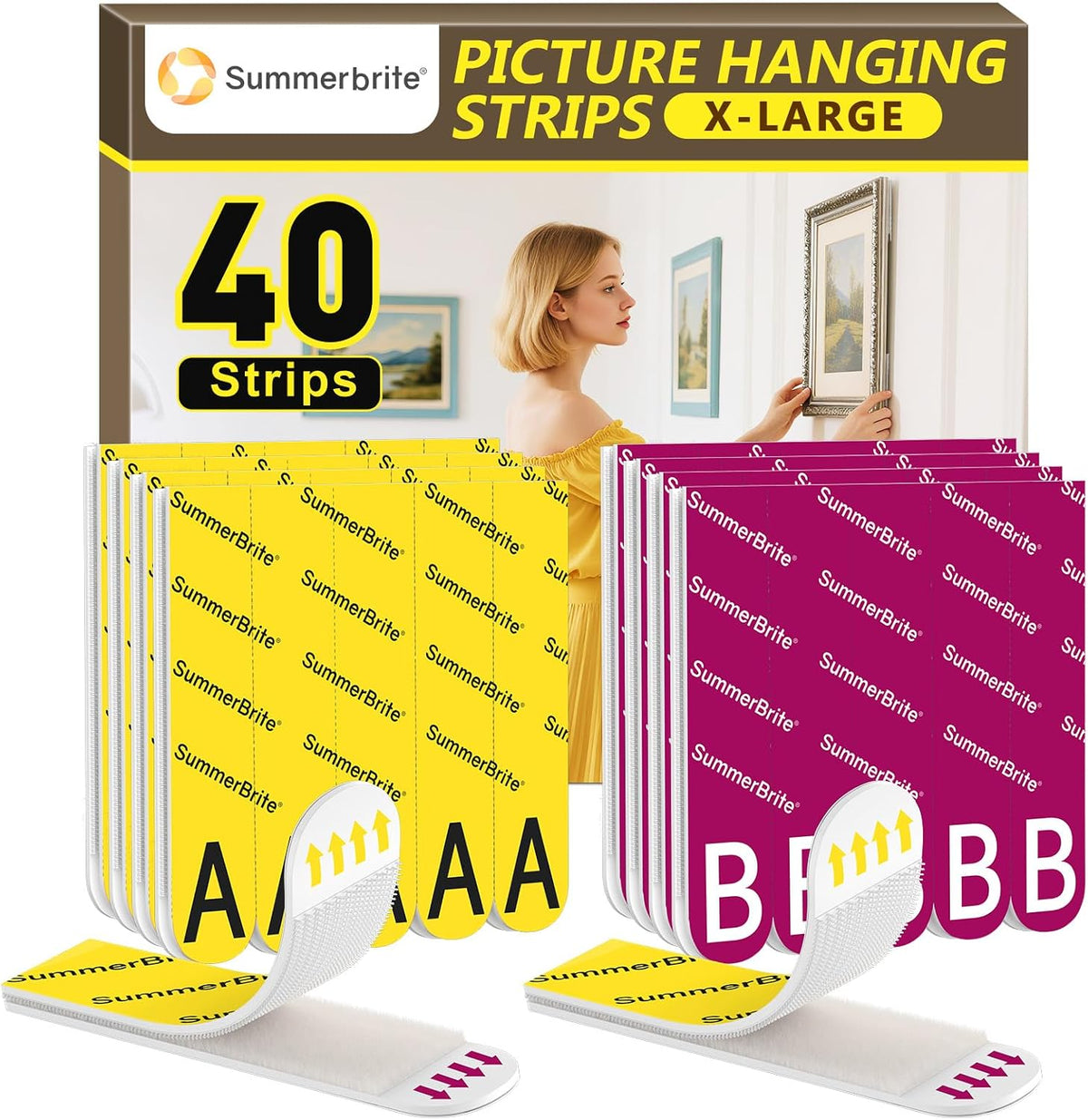 Summerbrite Picture Hanging Strips Heavy Duty 20 Pairs(40 Strips,XL),Damage Free Hanging Adhesive Strips,Mounting Tapes Removable,No Nails for Picture Photo Frames Hanger