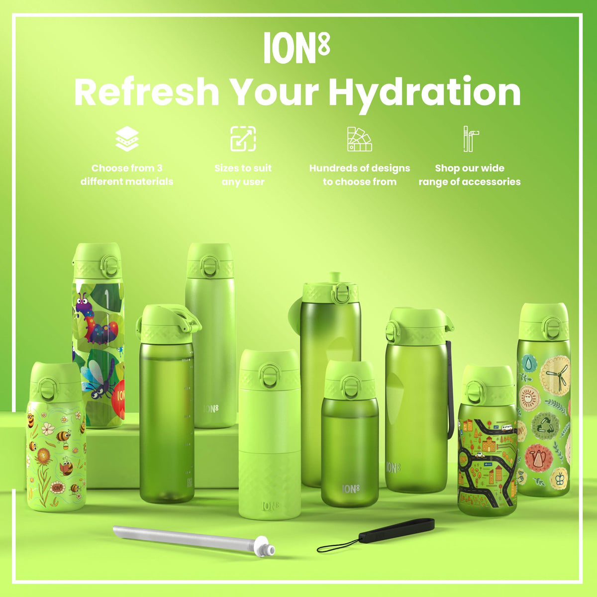 Ion8 Water Bottle, 500 ml/18 oz, Leak Proof, Easy to Open, Secure Lock, Dishwasher Safe, Hygienic Flip Cover, Carry Handle, Fits Cup Holders, Easy Clean, Hot Pink