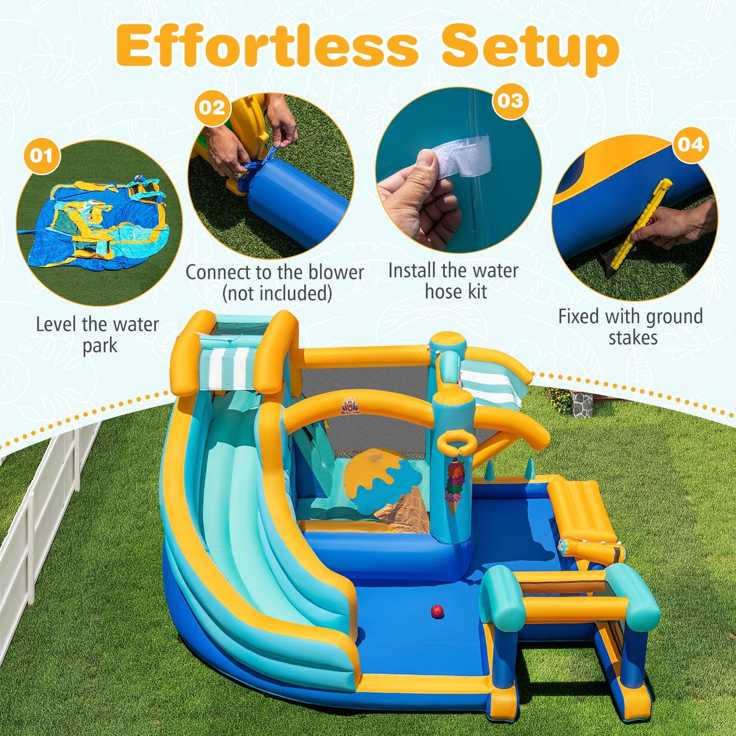 COSTWAY Ice Cream Themed Inflatable Water Park with Slide, Pool, Climbing Wall & Games — Ages 3-12