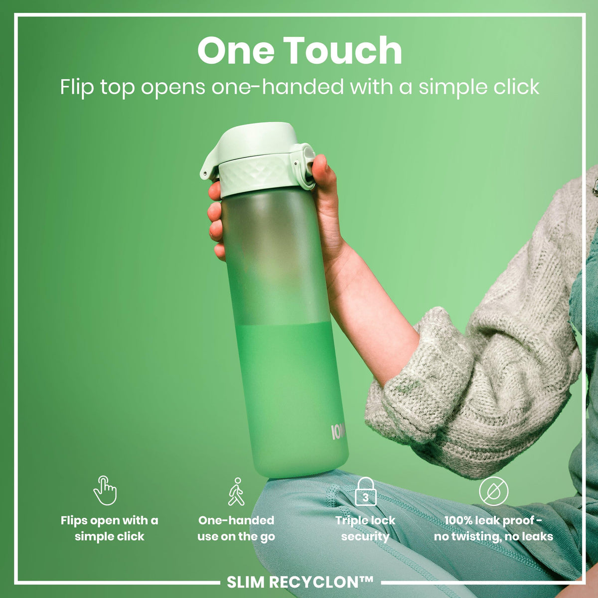 Ion8 Water Bottle, 500 ml/18 oz, Leak Proof, Easy to Open, Secure Lock, Dishwasher Safe, Hygienic Flip Cover, Carry Handle, Fits Cup Holders, Easy Clean, Hot Pink