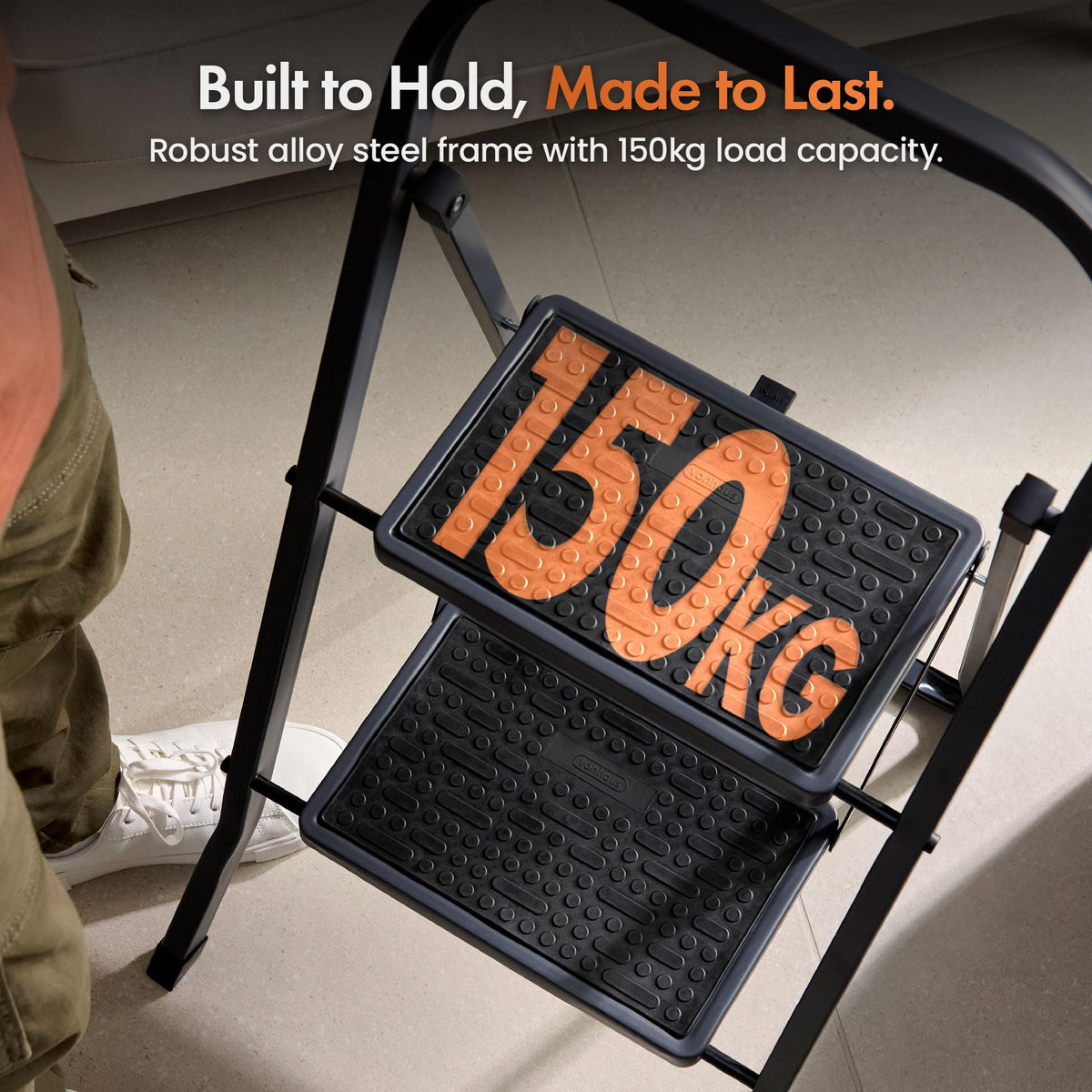 VonHaus 3 Step Ladder – Premium Quality Folding Step Ladder for DIY and Gardening - Anti Slip Feet, Easy to Store Ladder, 150KG Max Capacity - Durable Steel