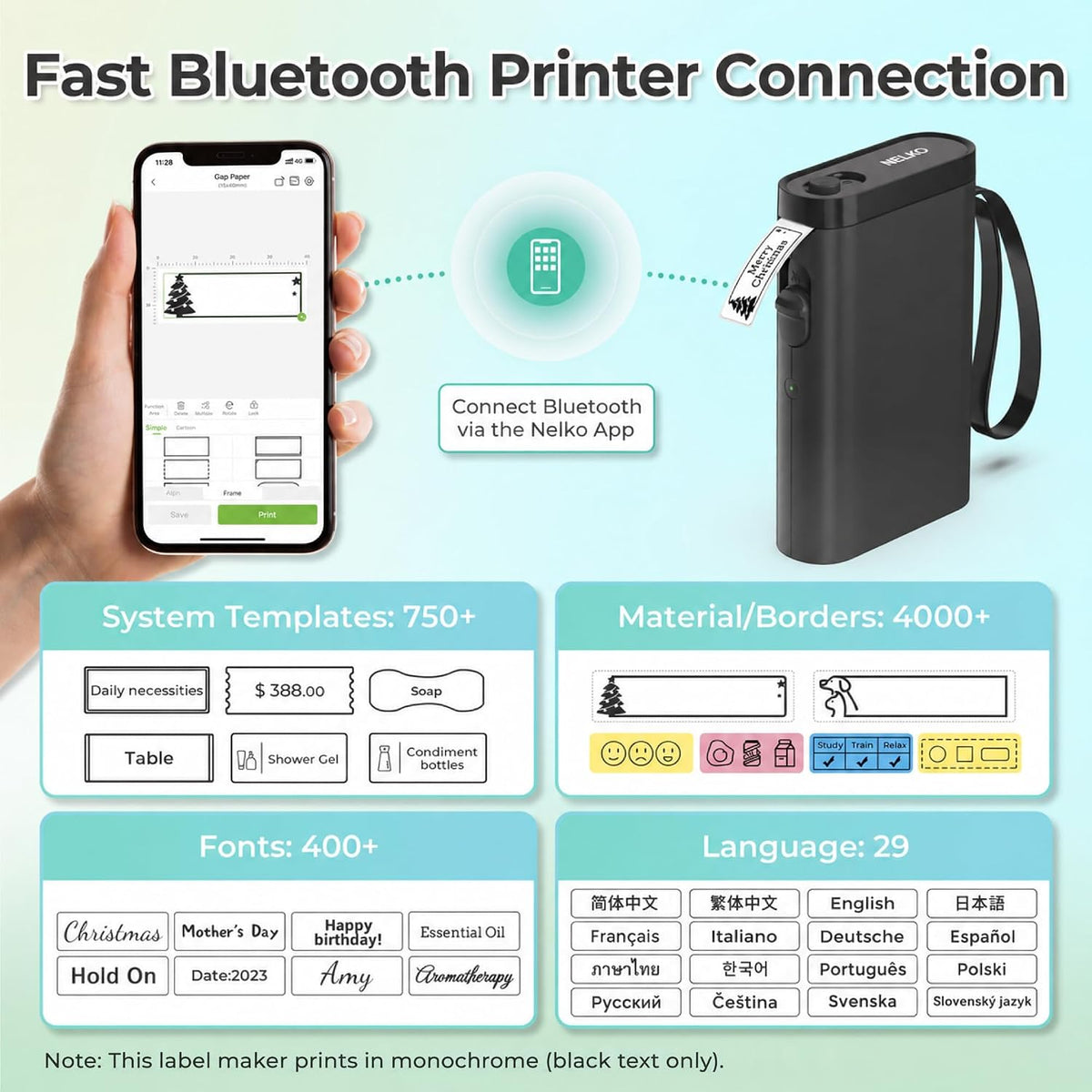 Nelko Label Maker P21 Portable Bluetooth Sticker Printer with Tape, Black