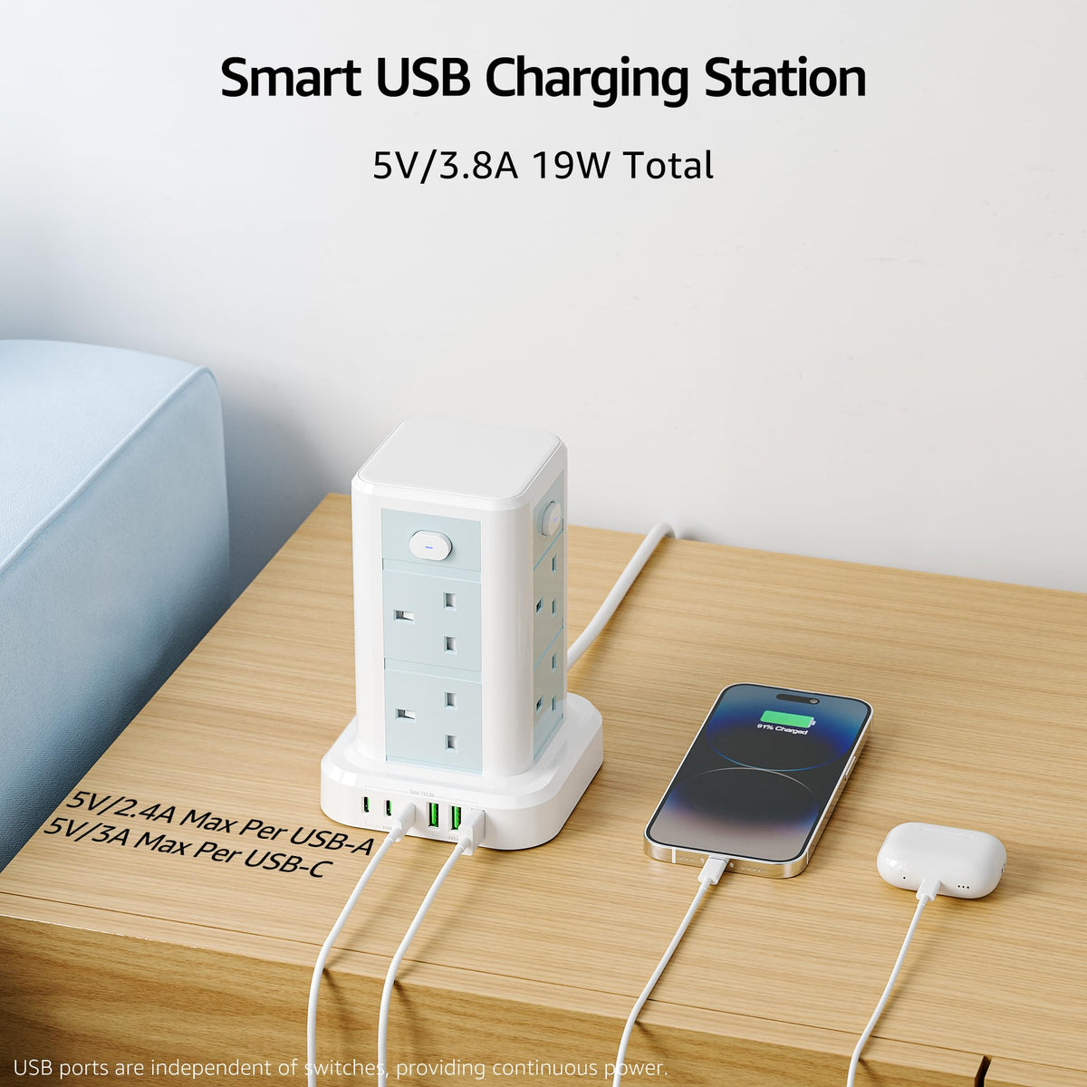 6M Tower Extension Cord with 6 USB Slots, Toomke 8 Way Extension Sockets with 3 USB A and 3 USB C, Tower Plug Extension with 4 Independent Switches 13A 3250W