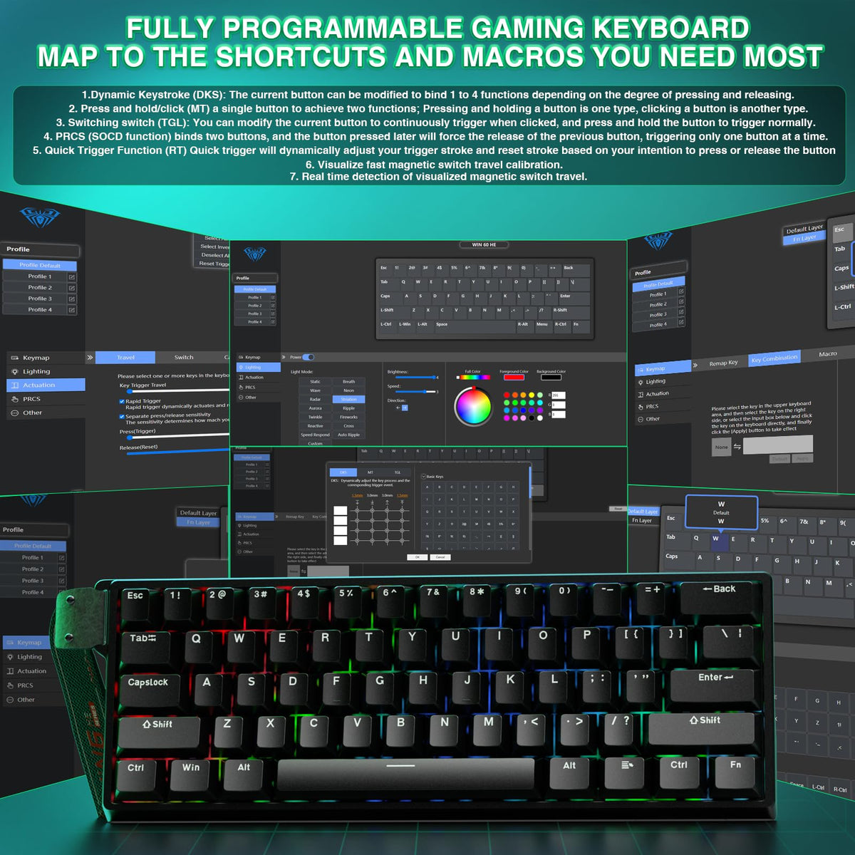 AULA WIN60 HE Mechanical Gaming Keyboard Wired,Hall Effect Magnetic Switches,Adjustable Actuation Rapid Trigger,8K Polling Rate,RGB Backlight,60% Percent Keyboard for Mac/Win (BLACK) (Pack of 2)