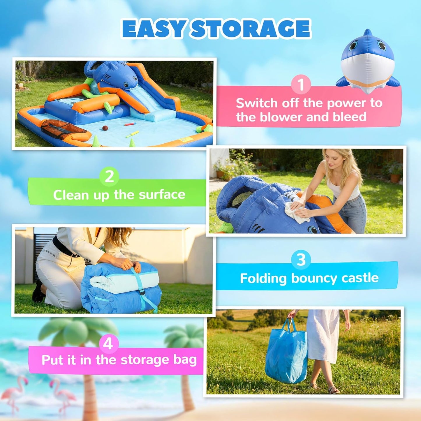 AIYAPLAY Large Inflatable Bouncy Castle for Kids, 8 in 1 Sharks Theme Jumping Bounce House with Slide, Ball Pit, Climbing Wall, Basketball Hoop and Blower for Indoor Outdoor Garden Party, Blue