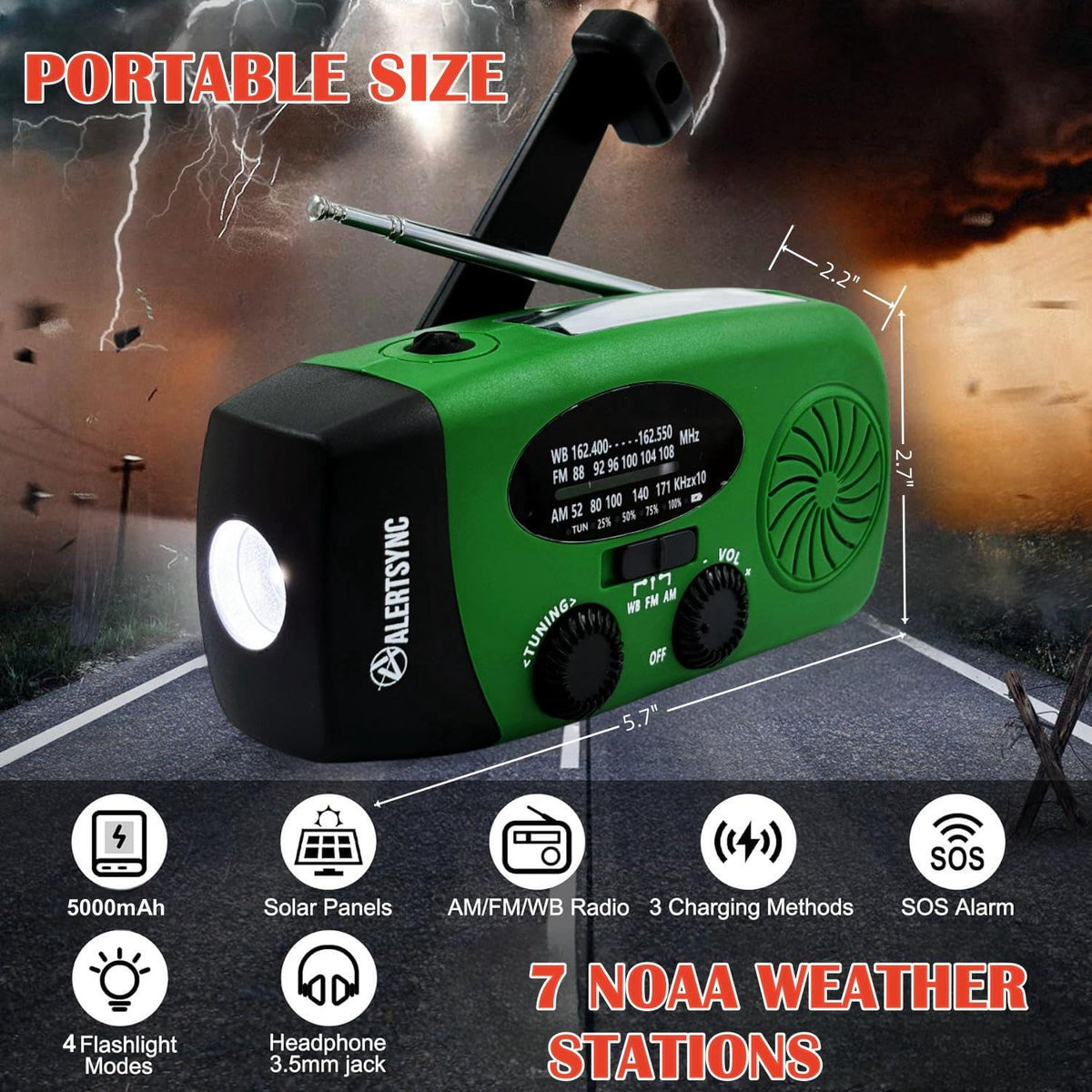 5000mAh Wind Up Solar Radio, Emergency Crank Weather Radio, FM/AM Radios