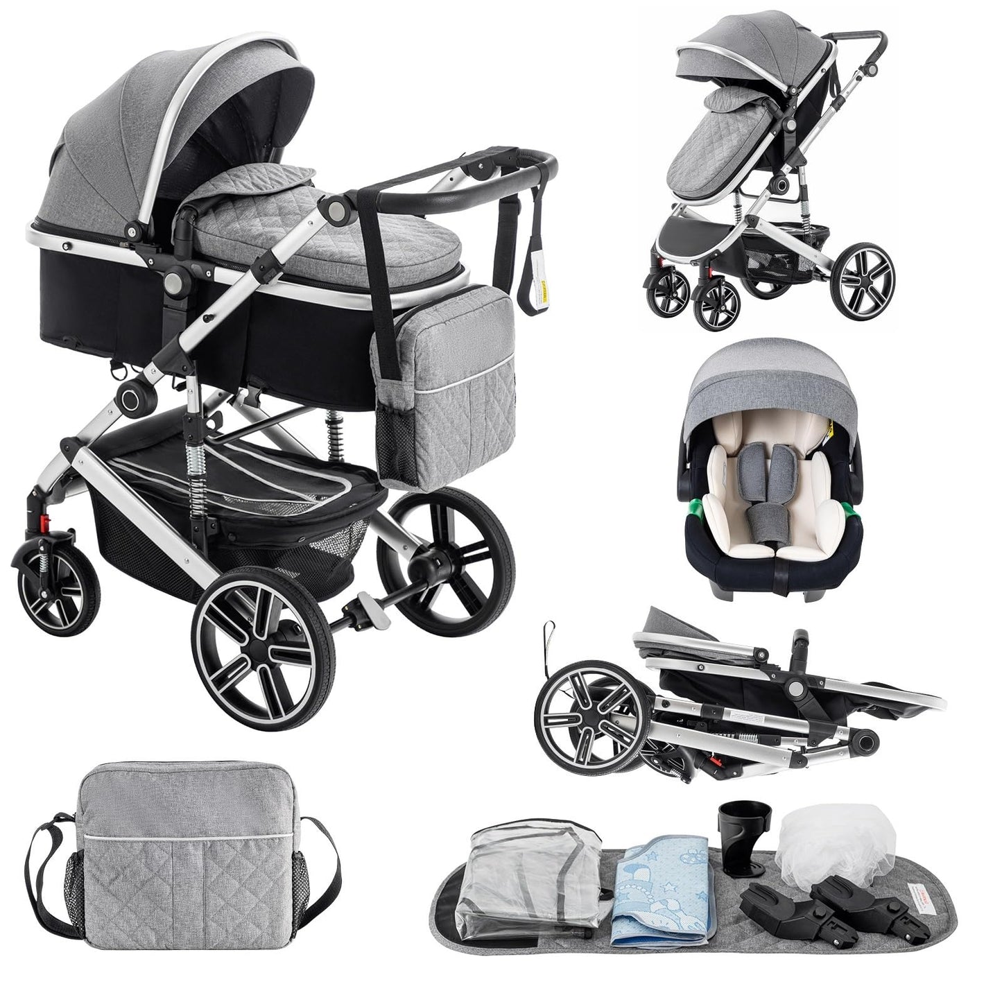 Baby Stroller 3 in 1,Travel Pushchair's Lie-Flat Pram is Foldable, Stroller System Handle is Adjustable, The Wheels are Made of PU Material, Suitable for 0-3 Years-Khaki
