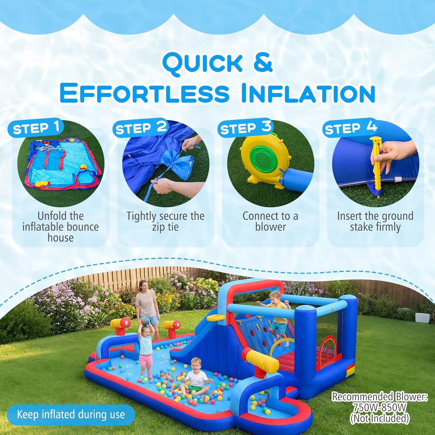 COSTWAY 5-in-1 Inflatable Water Park with Dual Slides, Climbing Wall & Splash Pool — Ages 3-12