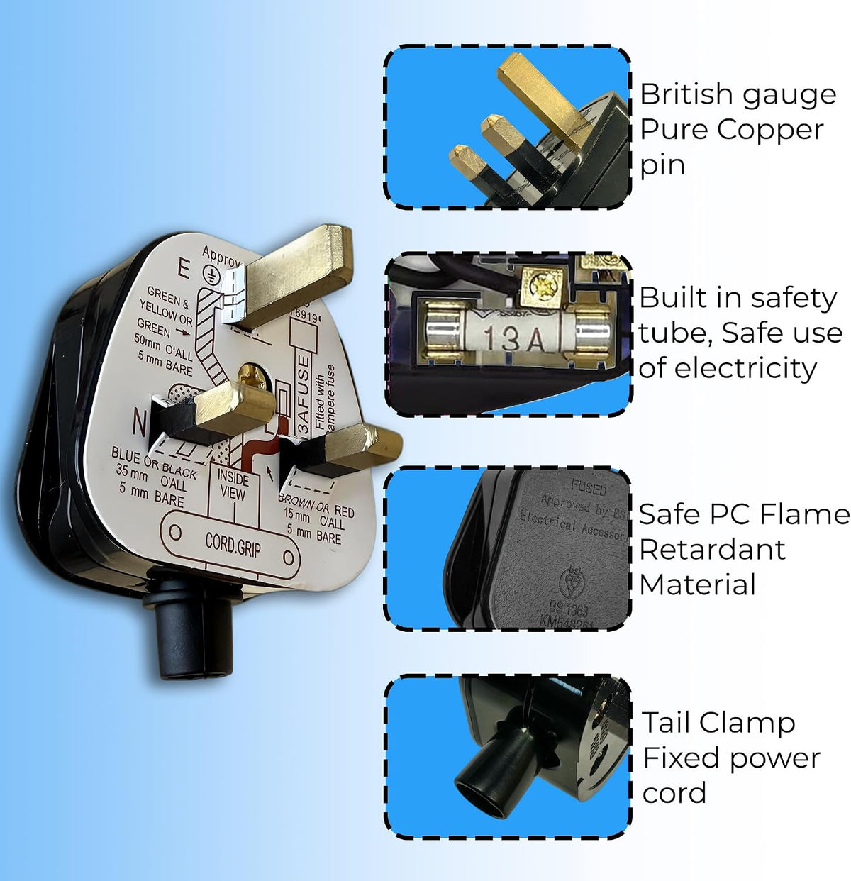 Double Dragon 13 Amp UK 3-Pin Plug | Heavy-Duty Rewireable Electrical Plug | Durable & Safe PC Flame Retardant Material | BS1363 & BSI Certified | Cord Grip for Secure Wiring (Pack of 2, Black)