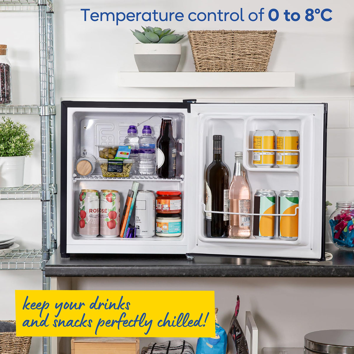 Russell Hobbs Table Top Larder Mini Fridge 66L Capacity, Reversible Door & Adjustable Feet, 0 to 8 Degrees Manual Temperature Control, Silver RH67TTLF0E1SS