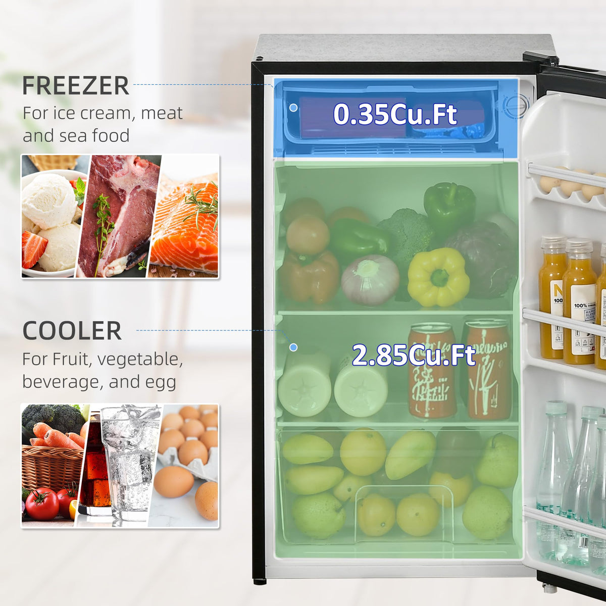 HOMCOM Under Counter Fridge 91L Small Fridge with Chiller Box Silver Tone
