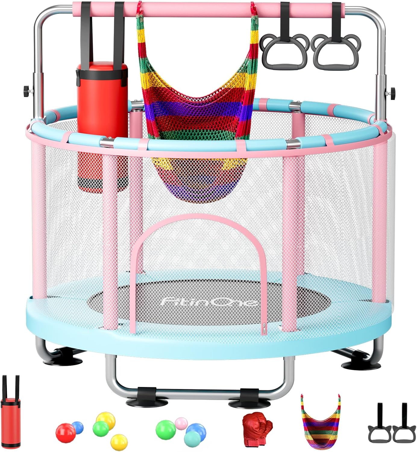 FitinOne 55" Toddler Trampoline with Safety Net, Gymnastics Bar, Swing & Rings