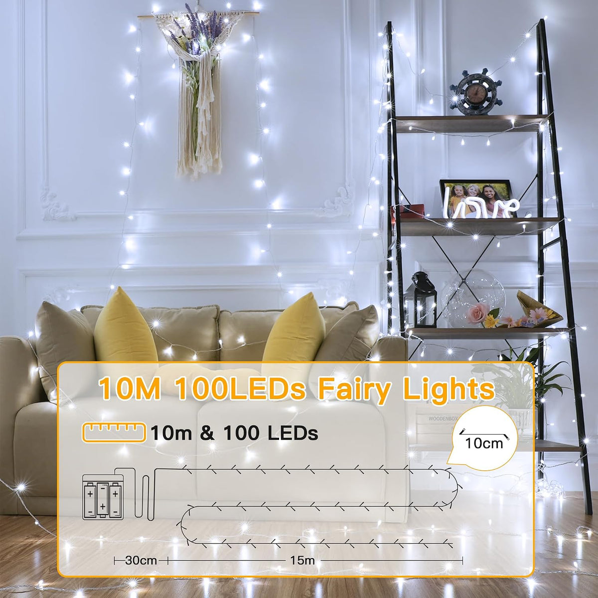 Ollny Fairy Lights Battery Operated, 10m 100 LEDs Bright Battery Powered String Lights, Cool White Outside Christmas Lights Waterproof with 8 Modes/Timer for Indoor Outdoor Bedroom Garden Decorations