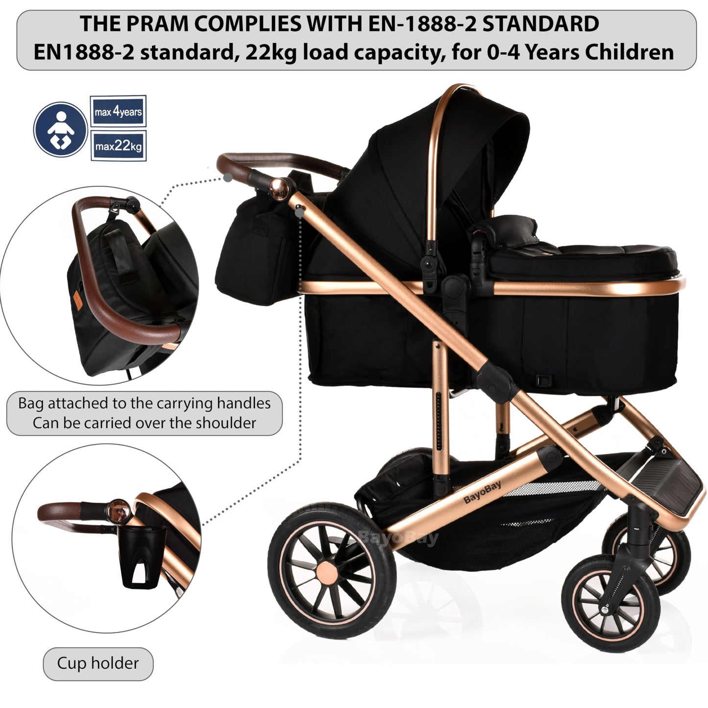 3 in 1 Baby Pram Travel System with Car Seat Lightweight Buggy Foldable Pushchair for Newborn and Toddlers up to 22kg NEW 2025 Style (Black - Gold)