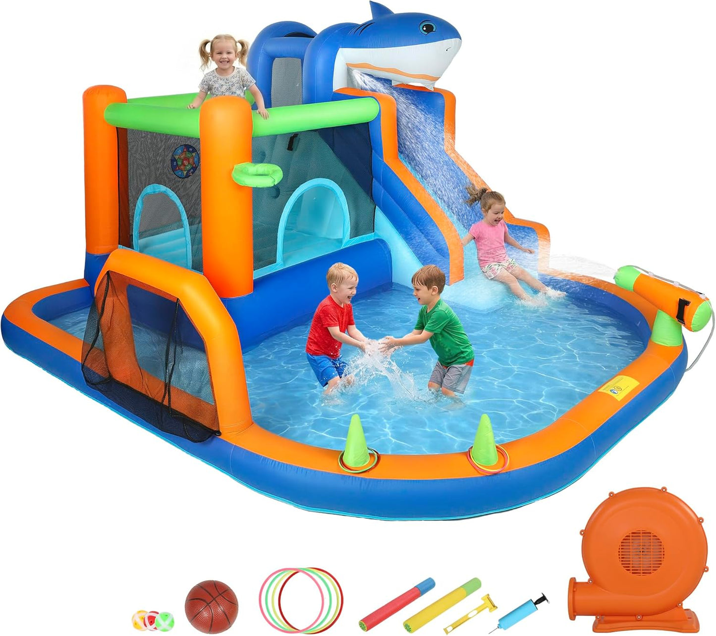 AIYAPLAY Large Inflatable Bouncy Castle for Kids, 8 in 1 Sharks Theme Jumping Bounce House with Slide, Ball Pit, Climbing Wall, Basketball Hoop and Blower for Indoor Outdoor Garden Party, Blue