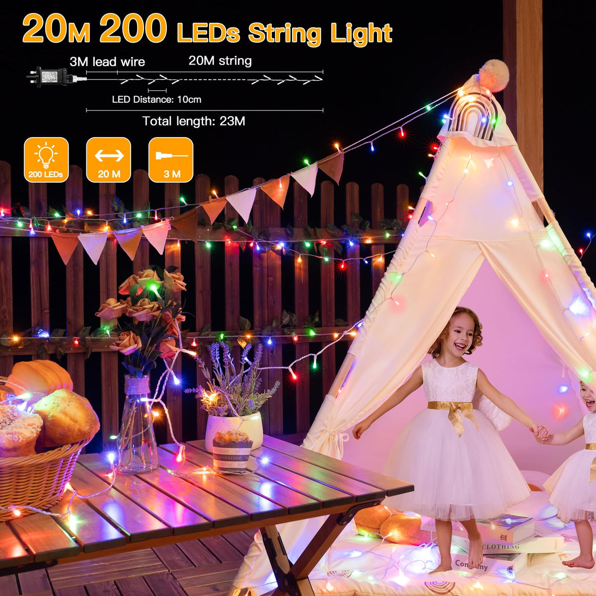 Ollny Fairy Lights Mains Powered 20m 200 LED Outdoor String Plug Remote