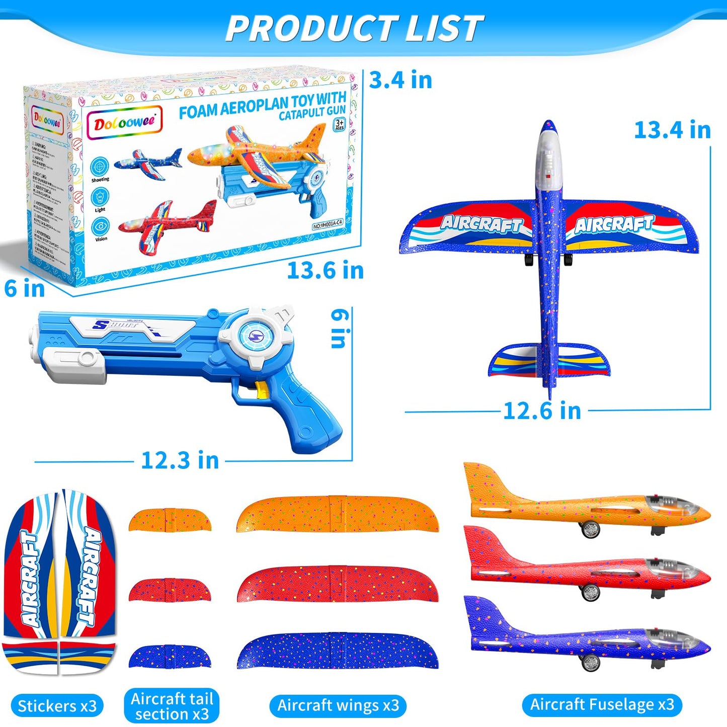Doloowee Boys Toys for 3 4 5 6 7 8 Years Old, 1 Launcher with 3 Foam Glider Planes, Outdoor Garden Toys Birthday Present Gift for Kids 3 4 5 6 7 8 Year Old