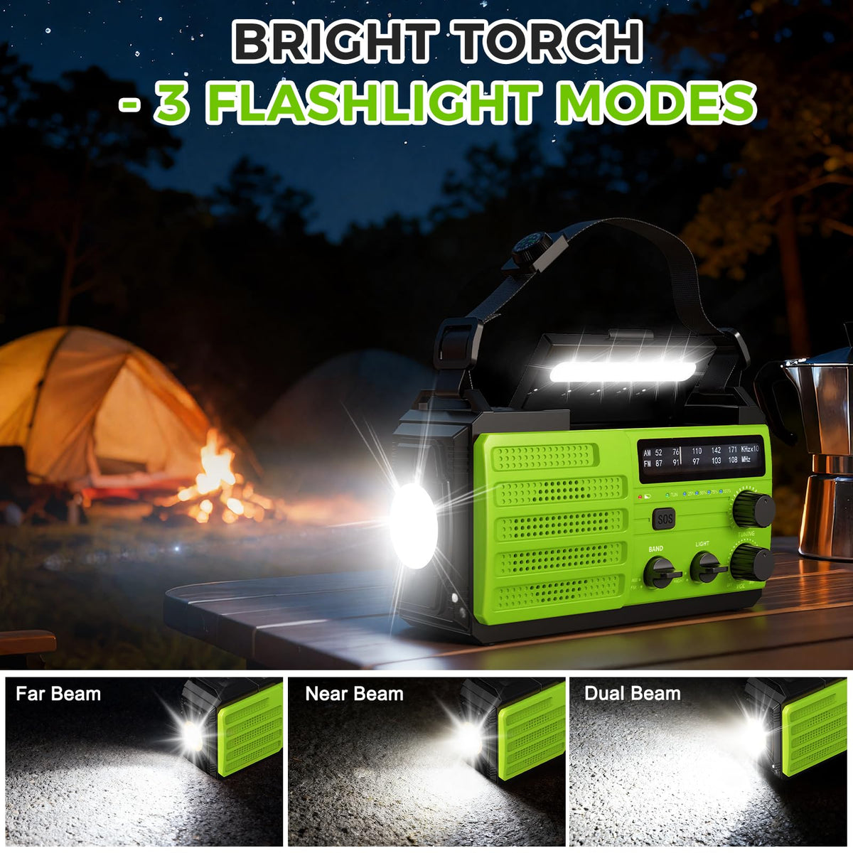 8000mAh Emergency Wind Up Radio, Hand Crank Solar, AM/FM Radio with 3-Mode Flashlight, 2-Mode Reading Lamp, SOS Alarm with USB Phone Charger for Emergency Outdoor