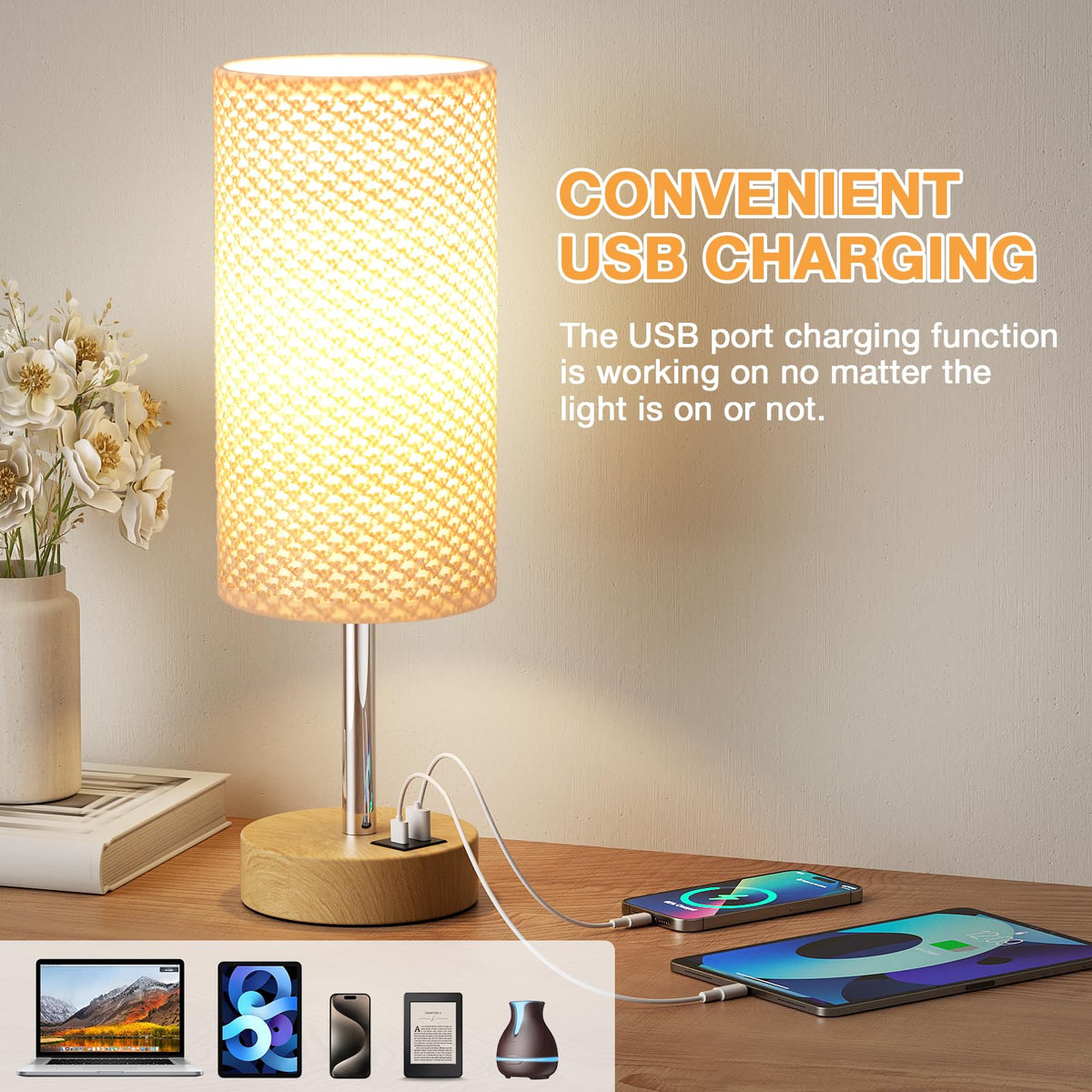Aooshine Grey Table Lamp, 3-Way Dimmable, USB A + C Charging