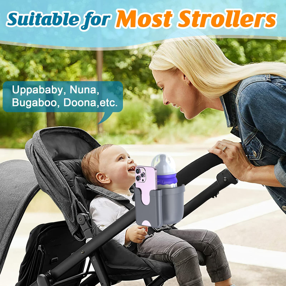 2-Pack Pram Cup Holder with Phone Holder, Universal Pram Buggy Accessories